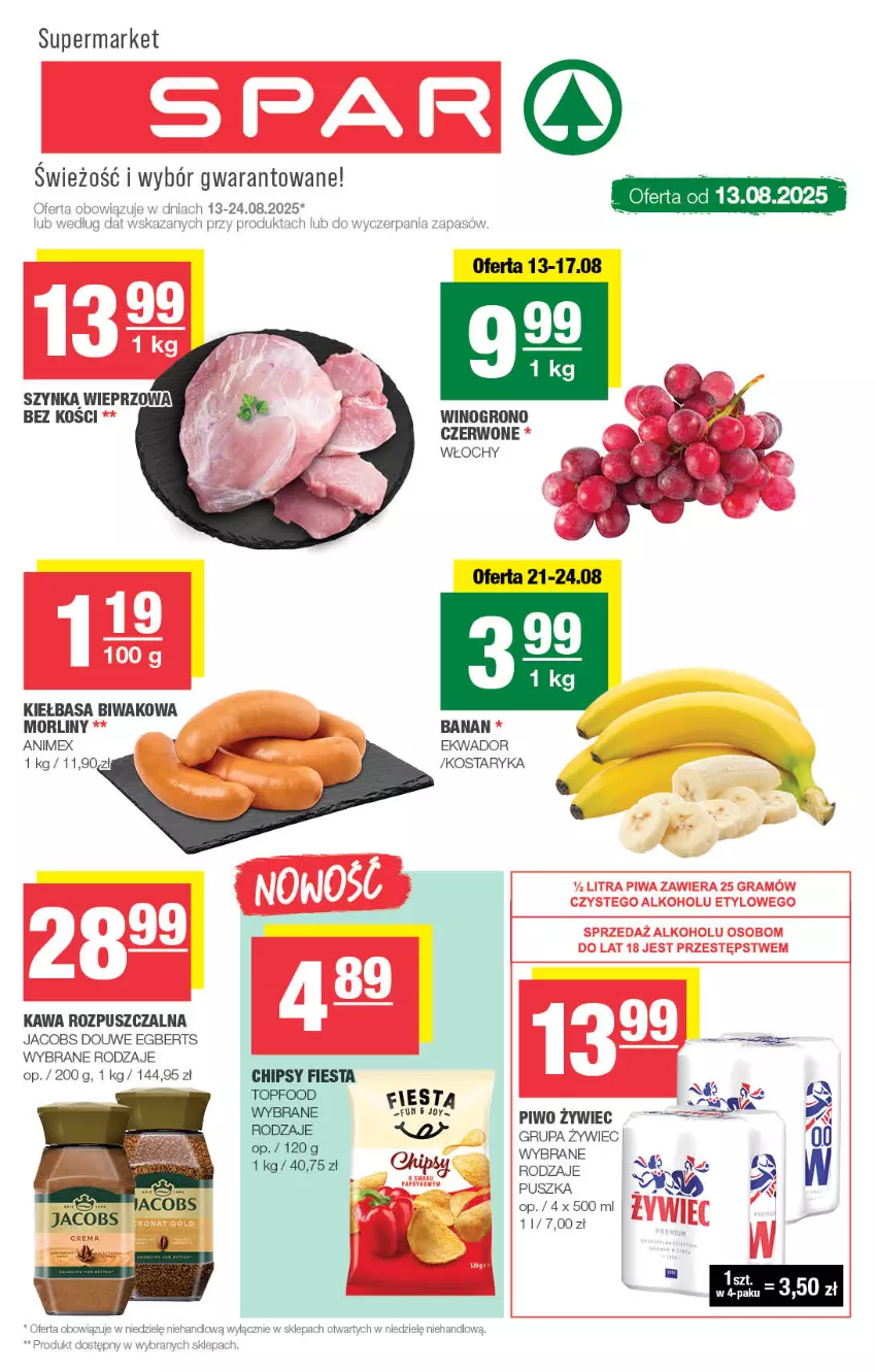 Gazetka promocyjna Spar - Spar - ważna 10.08 do 20.08.2025 - strona 1 - produkty: Chipsy, Jacobs, Kawa, Kawa rozpuszczalna, Kiełbasa, Morliny, Piwo, Wino