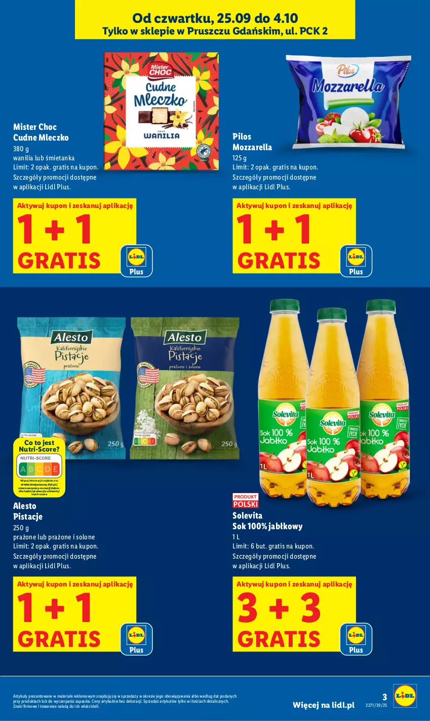 Gazetka promocyjna Lidl - Lidl w Pruszczu Gdańskim - ważna 25.09 do 04.10.2025 - strona 3 - produkty: Gra, Mleczko, Mozzarella, Pilos, Pistacje, Sok, Wazon