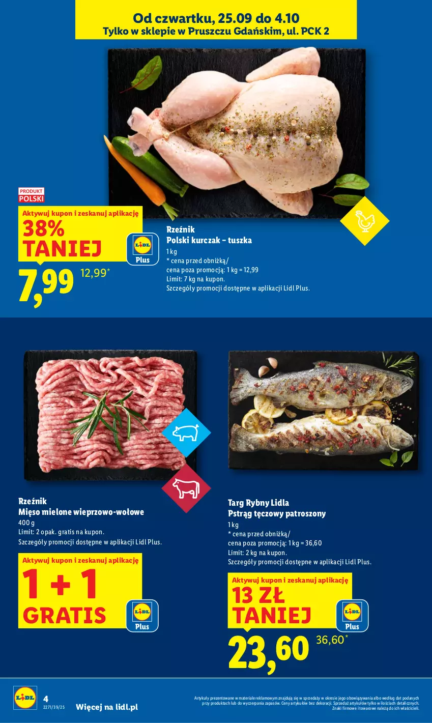 Gazetka promocyjna Lidl - Lidl w Pruszczu Gdańskim - ważna 25.09 do 04.10.2025 - strona 4 - produkty: Gra, Kurczak, Mięso, Mięso mielone, Pstrąg, Pstrąg tęczowy, Tusz