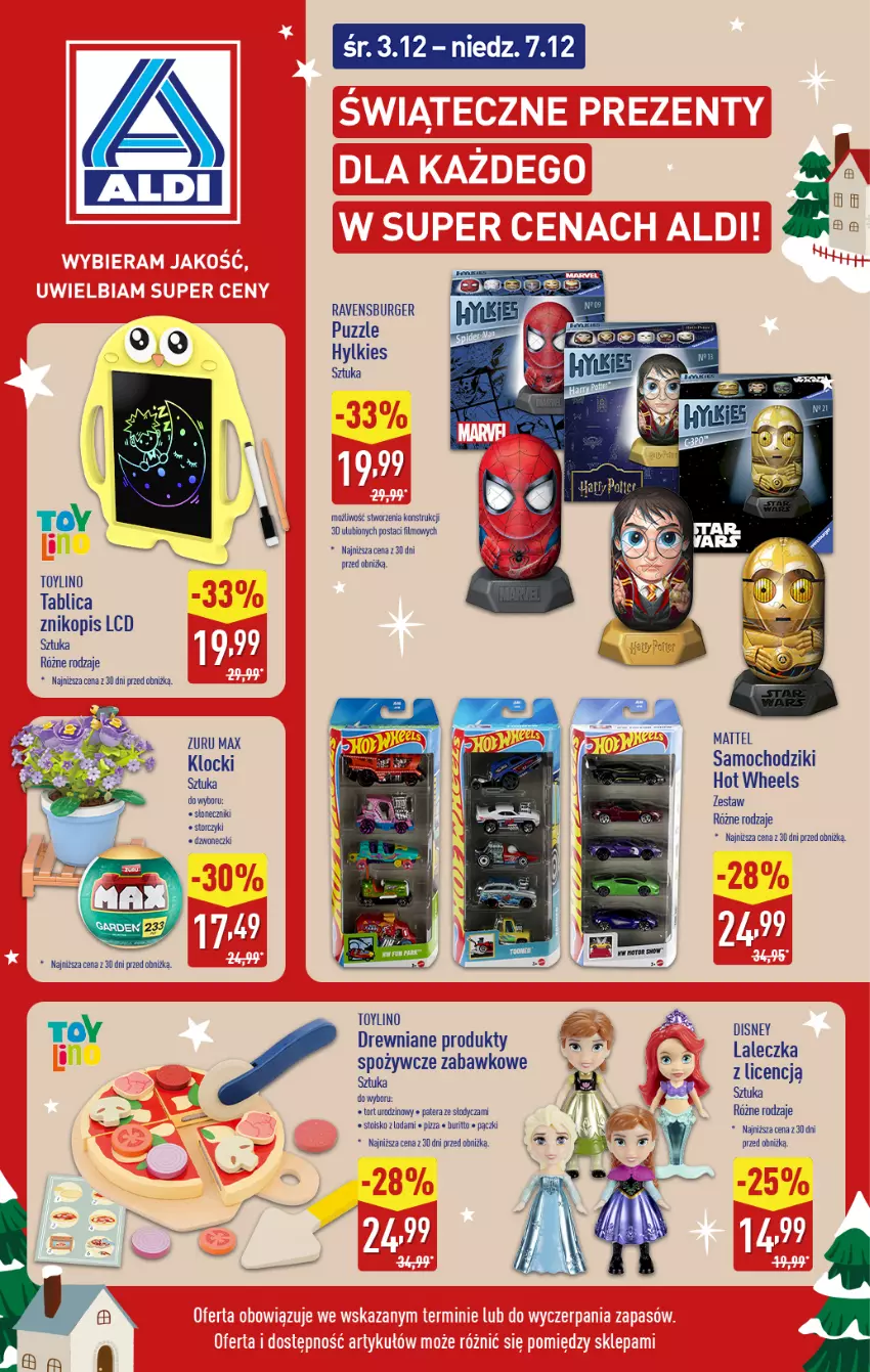 Gazetka promocyjna Aldi - Katalog prezentowy - ważna 03.12 do 07.12.2025 - strona 1 - produkty: Burger, Chodzik, Disney, Hot Wheels, Klocki, Mattel, Pizza, Puzzle, Ravensburger, Samochodziki, Storczyk, Tera, Znikopis