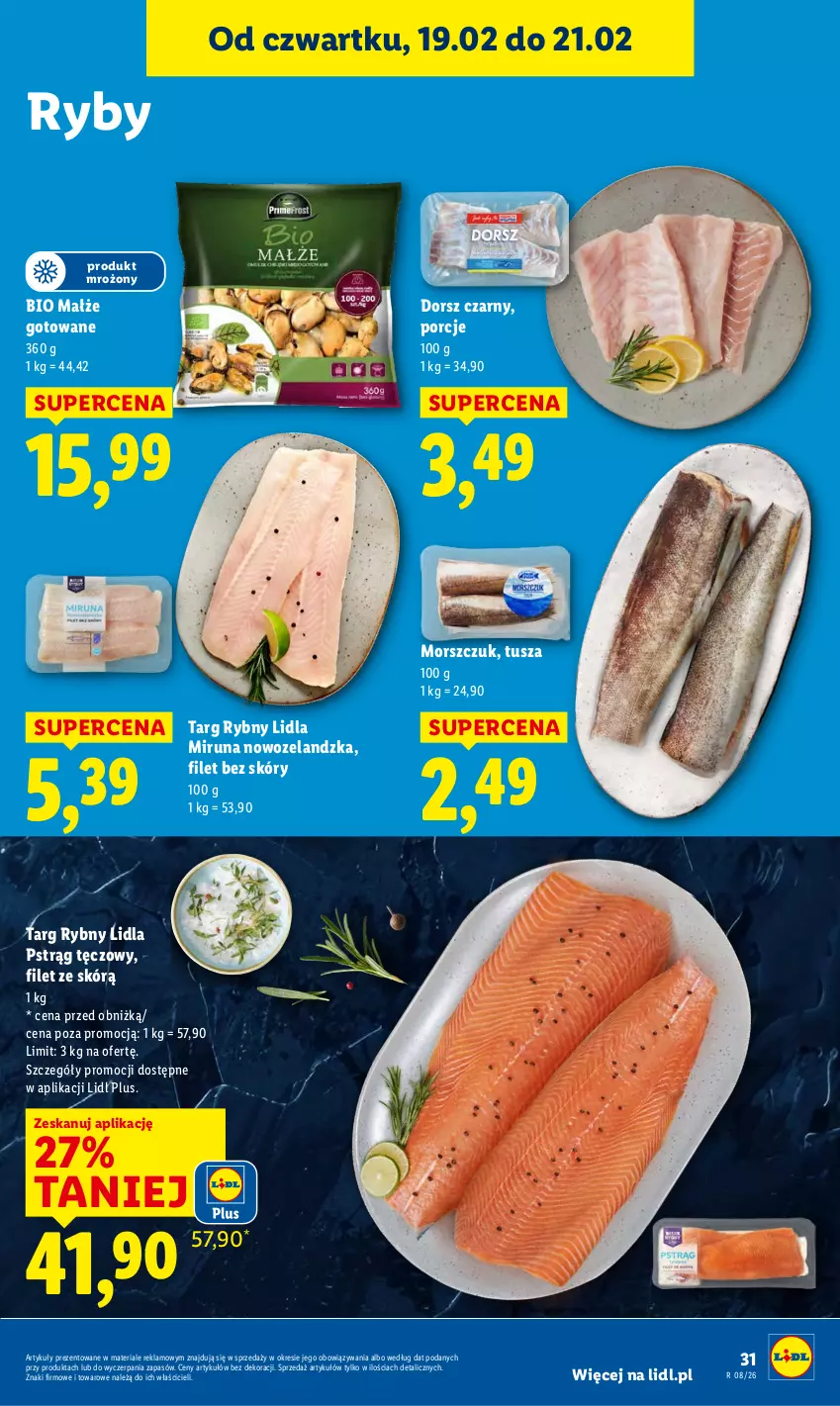 Gazetka promocyjna Lidl - GAZETKA - ważna 19.02 do 21.02.2026 - strona 31 - produkty: Dorsz, Małże, Miruna, Por, Pstrąg, Pstrąg tęczowy, Tusz