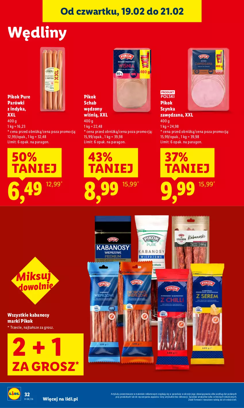 Gazetka promocyjna Lidl - GAZETKA - ważna 19.02 do 21.02.2026 - strona 32 - produkty: Kabanos, Parówki, Parówki z indyka, PIKOK, Pur, Szynka