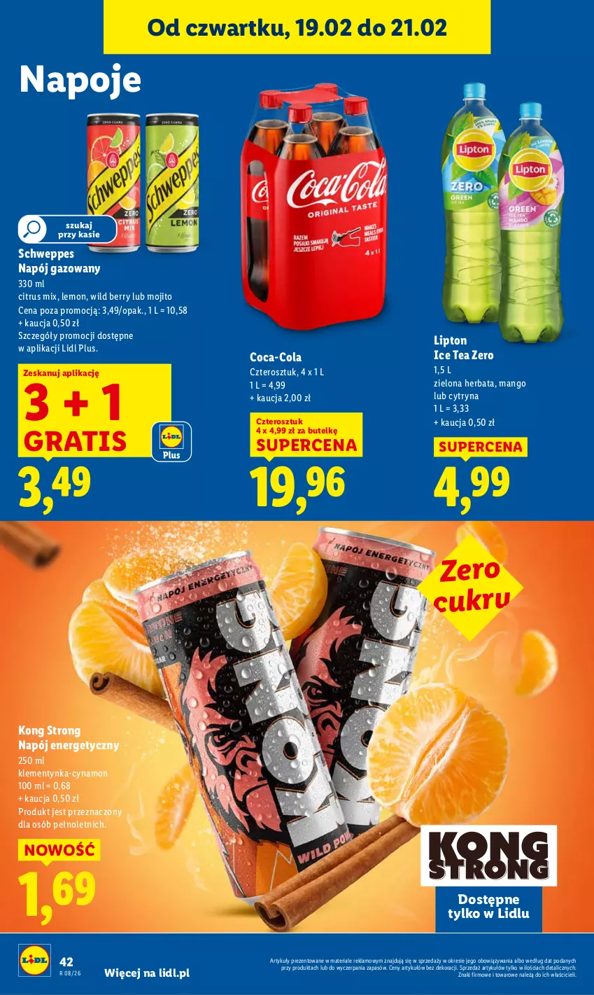 Gazetka promocyjna Lidl - GAZETKA - ważna 19.02 do 21.02.2026 - strona 42 - produkty: Coca-Cola, Gra, Herbata, Ice tea, Lipton, Mango, Napój, Napój energetyczny, Napój gazowany, Napoje, Schweppes