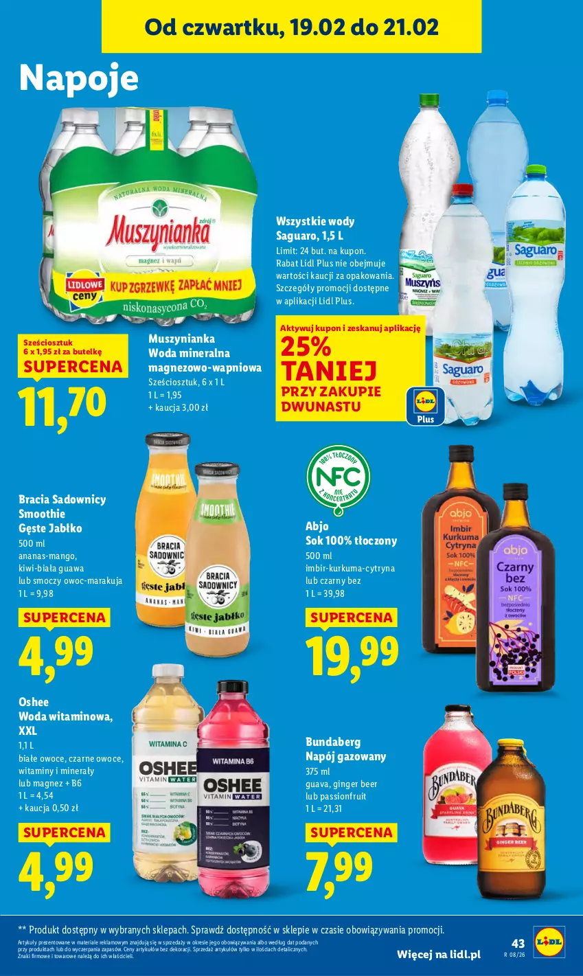 Gazetka promocyjna Lidl - GAZETKA - ważna 19.02 do 21.02.2026 - strona 43 - produkty: Ananas, Gin, Imbir, Kiwi, Kurkuma, Magnez, Mango, Mus, Muszynianka, Napój, Napój gazowany, Napoje, Oshee, Owoce, Smoothie, Sok, Woda, Woda mineralna