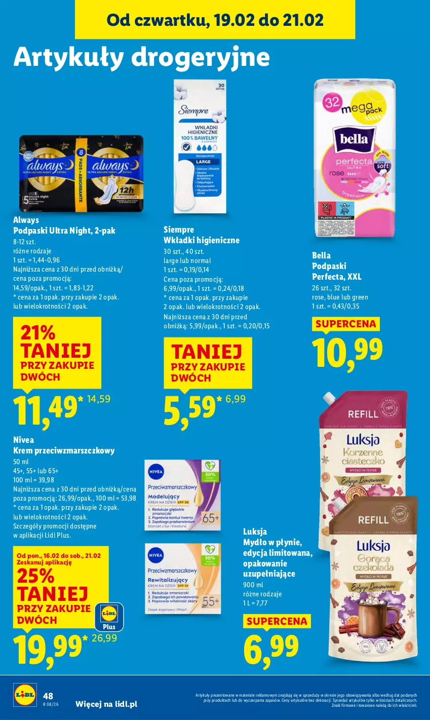 Gazetka promocyjna Lidl - GAZETKA - ważna 19.02 do 21.02.2026 - strona 48 - produkty: Always, Bell, Bella, Krem przeciwzmarszczkowy, Luksja, Mars, Mydło, Mydło w płynie, Nivea, Perfecta, Podpaski, Wkładki