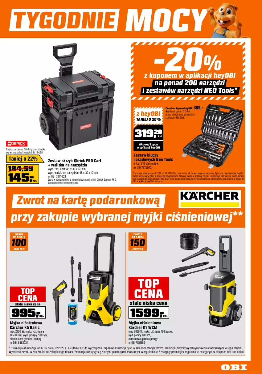 Gazetka promocyjna Obi - Gazetka OBI - ważna 17.06 do 07.07.2026 - strona 15 - produkty: Kärcher, Myjka ciśnieniowa, Ser, Sok, Top, Tran, Walizka, Zestaw kluczy, Zestaw kluczy nasadowych
