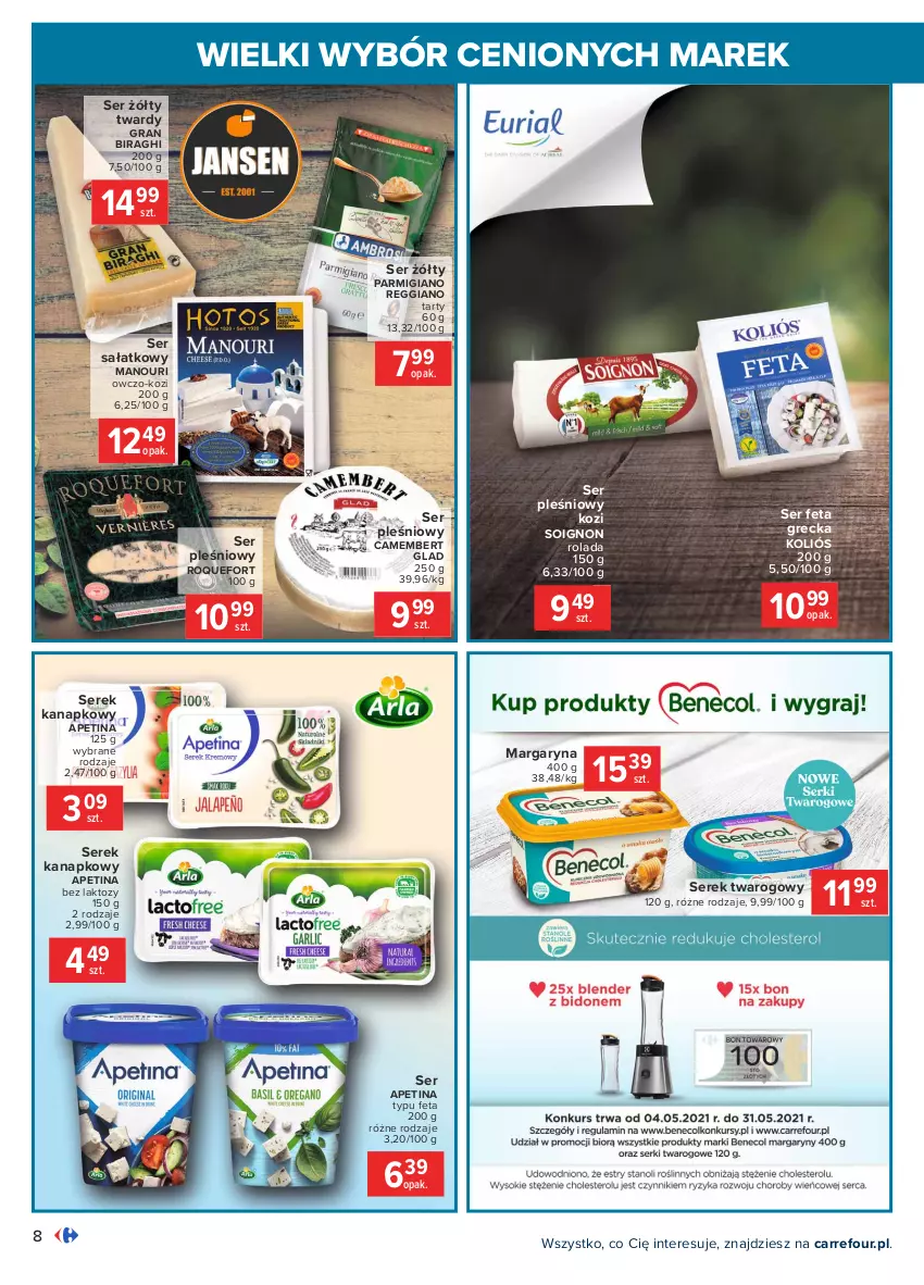 Gazetka promocyjna Carrefour - Gazetka Wielki wybór cenionych marek - ważna 03.05 do 15.05.2021 - strona 8 - produkty: Camembert, Feta, Gra, Margaryna, Rolada, Roquefort, Sałat, Ser, Ser pleśniowy, Serek, Serek kanapkowy, Serek twarogowy