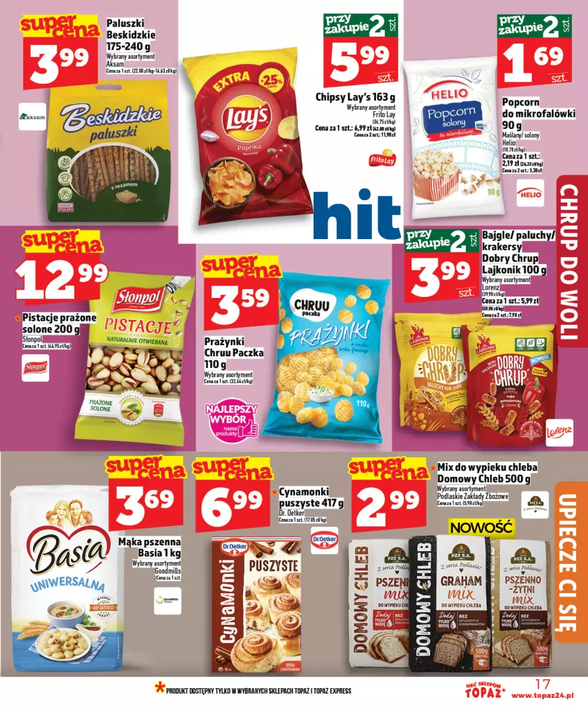 Gazetka promocyjna Topaz - Gazetka - ważna 25.02 do 04.03.2026 - strona 17 - produkty: Aksam, Bajgle, Basia, Beskidzki, Chipsy, Chleb, Dr. Oetker, Fa, Gra, Helio, Lajkonik, Lorenz, Popcorn, Ser, Top