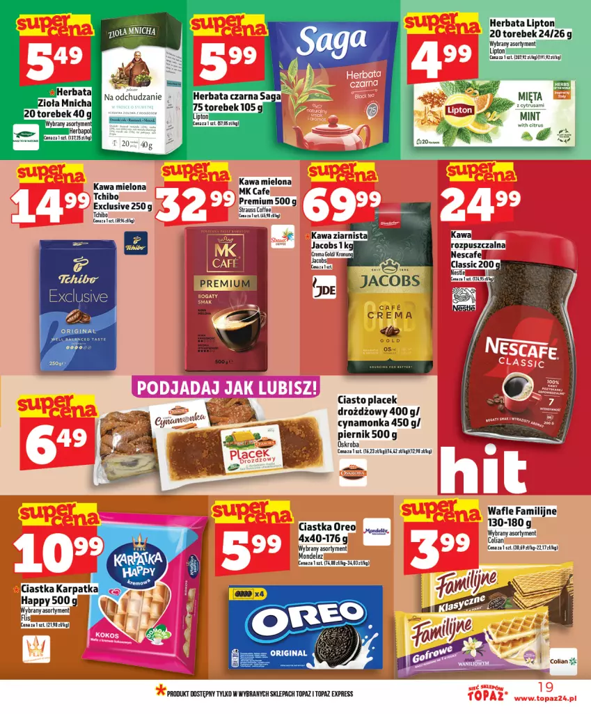 Gazetka promocyjna Topaz - Gazetka - ważna 25.02 do 04.03.2026 - strona 19 - produkty: Ciastka, Fa, Gin, Herbata, Jacobs, Kawa, Kawa mielona, Kawa rozpuszczalna, Oreo, Piernik, Tchibo, Top, Wafle