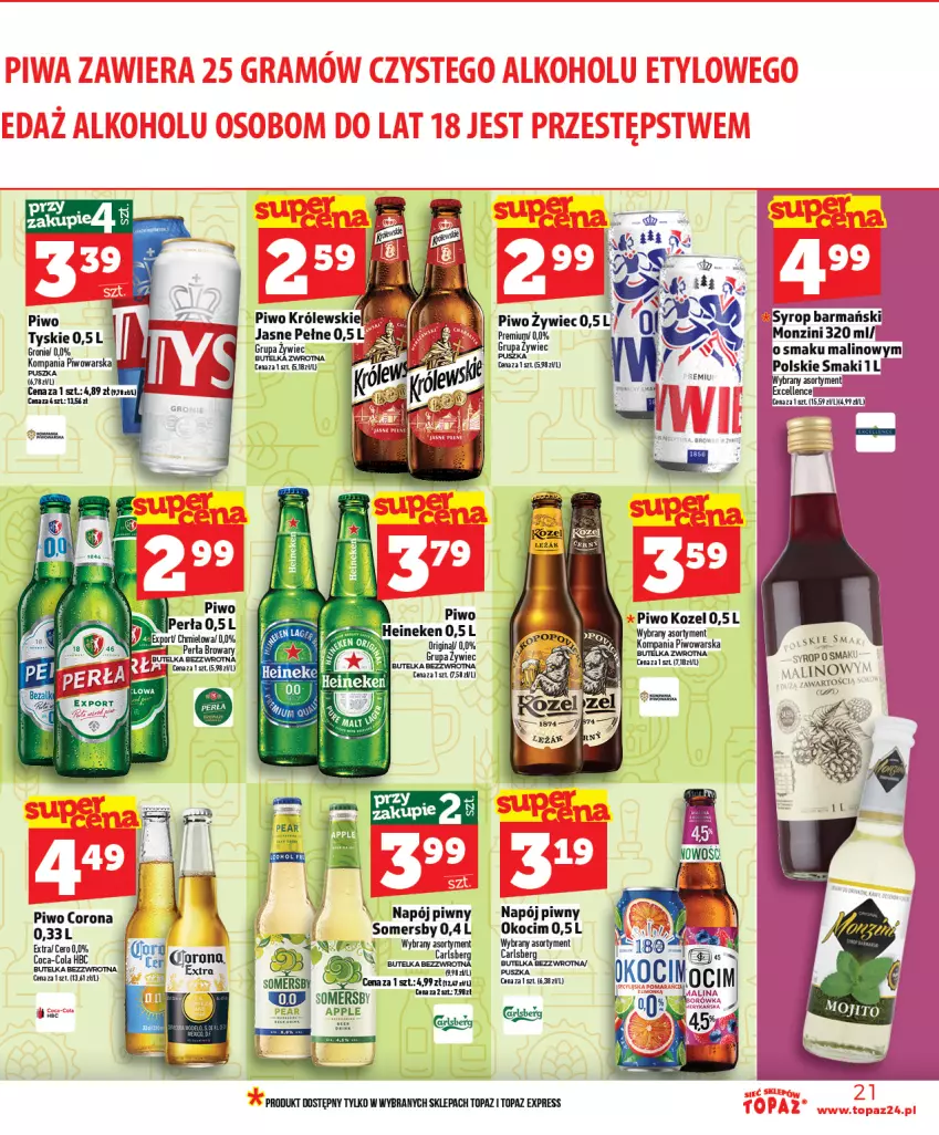 Gazetka promocyjna Topaz - Gazetka - ważna 25.02 do 04.03.2026 - strona 21 - produkty: Gin, Koc, Kozel, Napój, Okocim, Perła, Piwo, Somersby, Syrop, Top, Tyskie