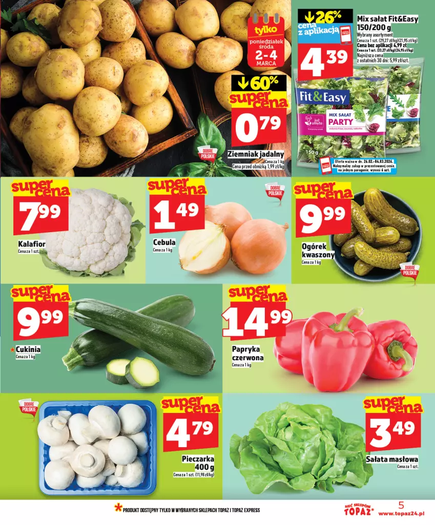 Gazetka promocyjna Topaz - Gazetka - ważna 25.02 do 04.03.2026 - strona 5 - produkty: Cebula, Kalafior, Masło, Ogórek, Papryka, Piec, Pieczarka, Sałat, Sałata masłowa, Top