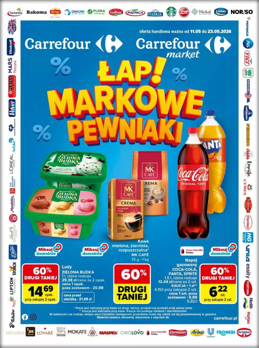 Gazetka promocyjna Carrefour - Gazetka Carrefour, Market Łap markowe pewniaki! - ważna 11.05 do 23.05.2026 - strona 1 - produkty: Coca-Cola, Fa, Lipton, Ser