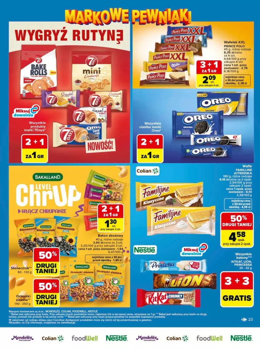 Gazetka promocyjna Carrefour - Gazetka Carrefour, Market Łap markowe pewniaki! - ważna 11.05 do 23.05.2026 - strona 23 - produkty: Bakalland, Baton, Ciastka, Fa, Gra, Jutrzenka, Lion, Oreo, Orzeszki, Orzeszki ziemne, Por, Prince Polo, Wafelek, Wafle