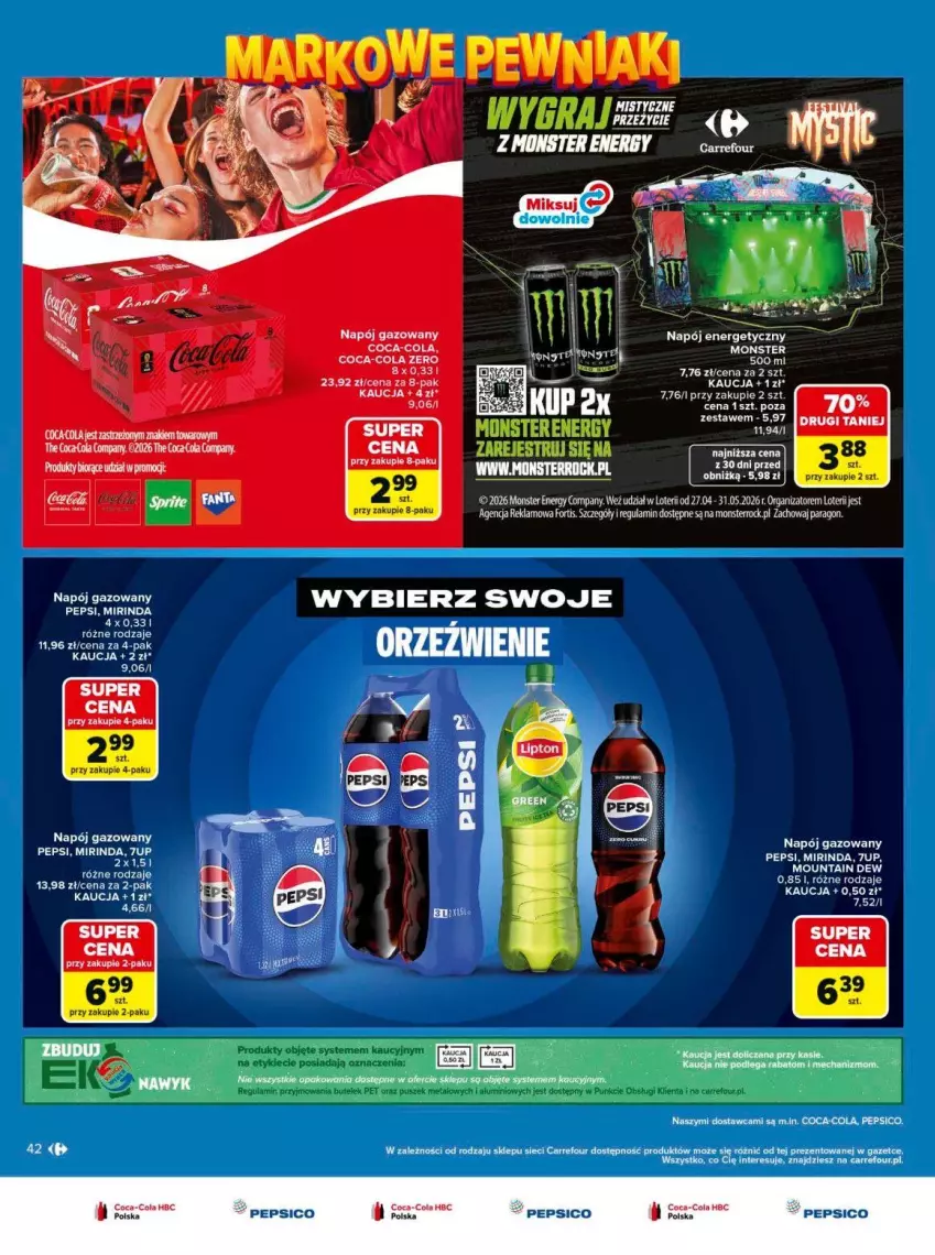Gazetka promocyjna Carrefour - Gazetka Carrefour, Market Łap markowe pewniaki! - ważna 11.05 do 23.05.2026 - strona 42 - produkty: 7up, Coca-Cola, Mirinda, Napój, Napój gazowany, Pepsi, Por