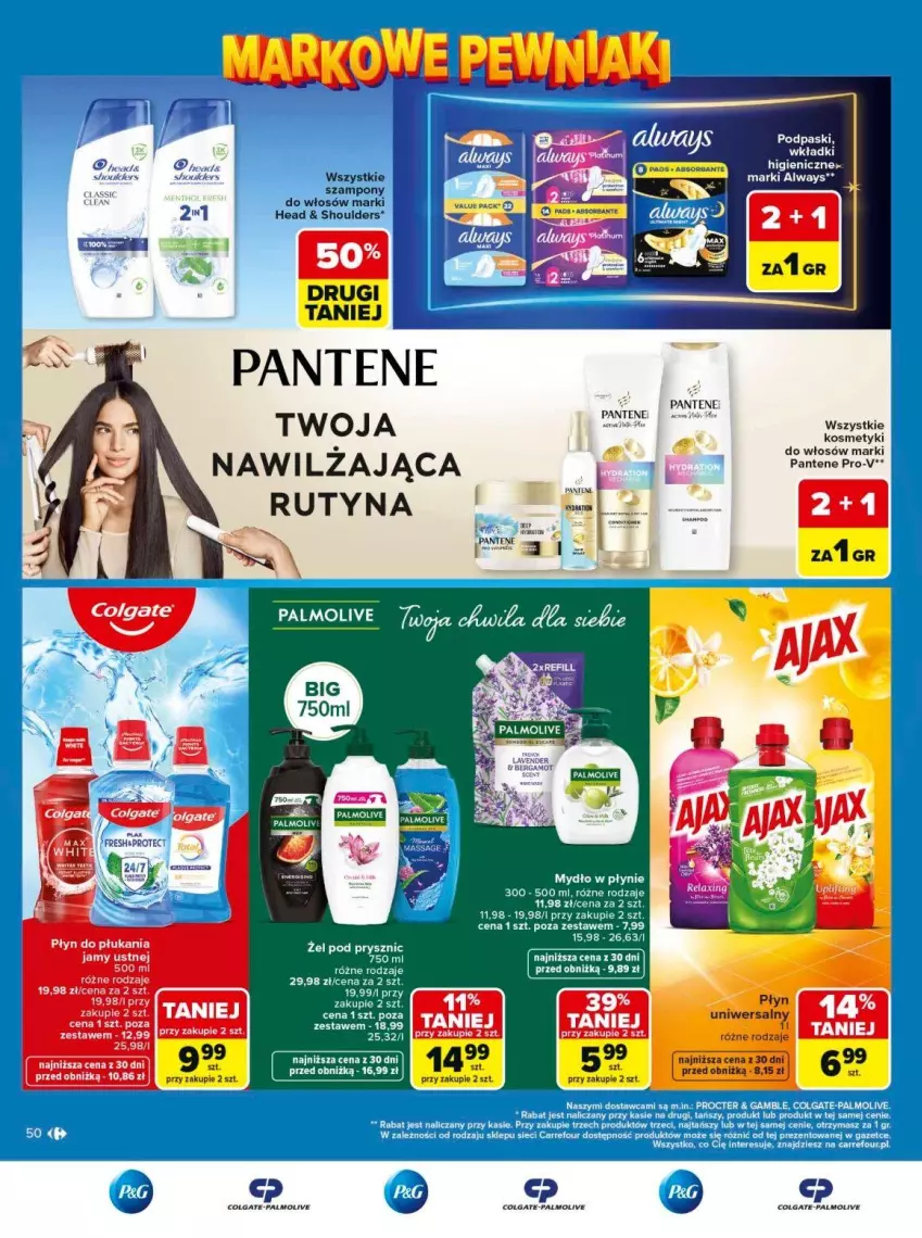 Gazetka promocyjna Carrefour - Gazetka Carrefour, Market Łap markowe pewniaki! - ważna 11.05 do 23.05.2026 - strona 50 - produkty: Always, Colgate, Fa, Gra, HP, LG, Mydło, Mydło w płynie, Pantene, Płyn do płukania, Podpaski, Por, Ser, Szampon, Wkładki