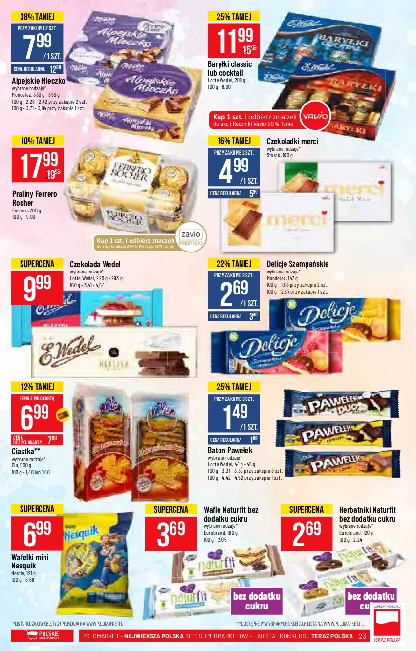 Gazetka promocyjna PoloMarket - Gazetka pomocyjna - ważna 29.09 do 05.10.2021 - strona 23 - produkty: Baryłki, Baton, Ciastka, Czekolada, Delicje, Ferrero, Ferrero Rocher, Herbatniki, Laur, Merci, Mleczko, Nesquik, Praliny, Ręcznik, Tera, Wafle