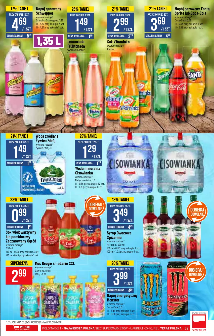 Gazetka promocyjna PoloMarket - Gazetka pomocyjna - ważna 29.09 do 05.10.2021 - strona 39 - produkty: Cisowianka, Coca-Cola, Dawtona, Fa, Fanta, Gin, Herbapol, Hortex, Inka, LANA, Laur, Lemoniada, Mus, Napój, Napój energetyczny, Napój gazowany, Ogród, Schweppes, Sok, Sprite, Syrop, Tera, Woda, Woda mineralna