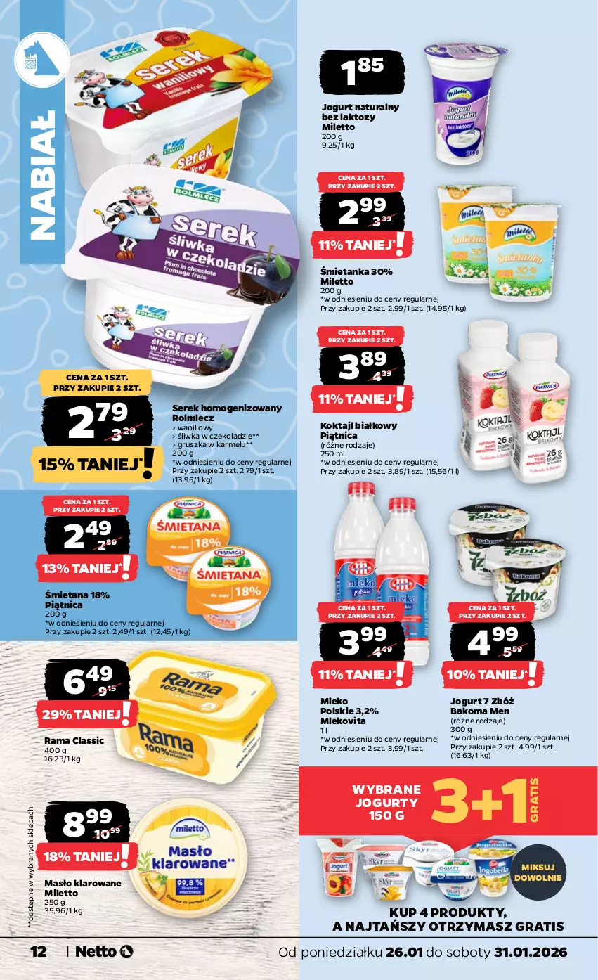 Gazetka promocyjna Netto - Od Poniedziałku - ważna 26.01 do 31.01.2026 - strona 12 - produkty: Bakoma, Gra, Jogurt, Jogurt naturalny, Masło, Masło klarowane, Mleko, Mlekovita, Piątnica, Rama, Rolmlecz, Ser, Serek, Serek homogenizowany