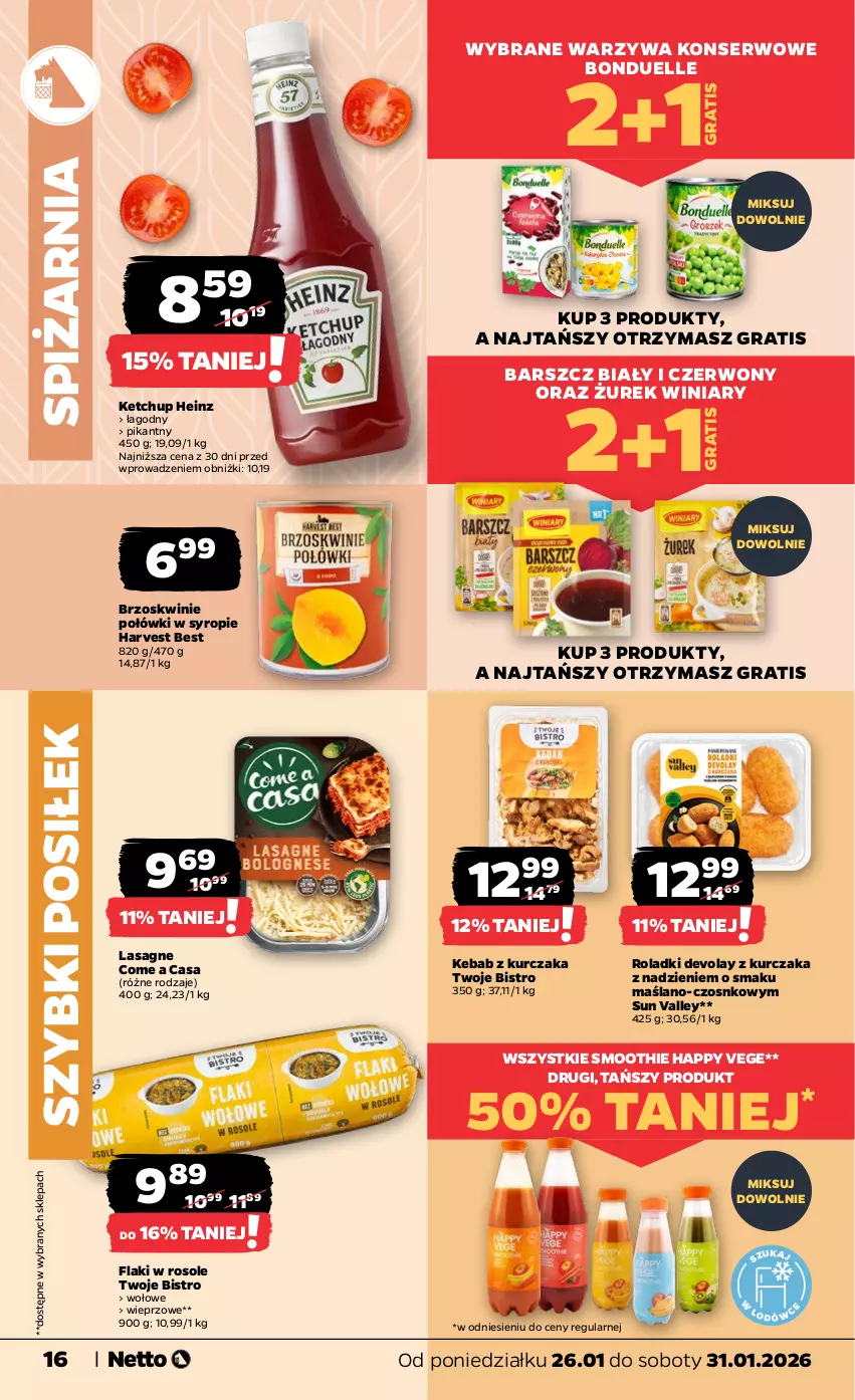 Gazetka promocyjna Netto - Od Poniedziałku - ważna 26.01 do 31.01.2026 - strona 16 - produkty: Bonduelle, Brzoskwinie, Flaki, Gra, Heinz, Kebab, Kebab z kurczaka, Ketchup, Kurczak, Lasagne, Ser, Smoothie, Syrop, Warzywa, Warzywa konserwowe, Winiary