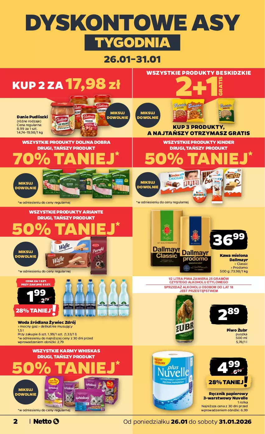 Gazetka promocyjna Netto - Od Poniedziałku - ważna 26.01 do 31.01.2026 - strona 2 - produkty: Beskidzki, Dallmayr, Gra, Kawa, Kawa mielona, Kinder, LANA, Mus, Papier, Piwa, Piwo, Pudliszki, Ręcznik, Whiskas, Woda