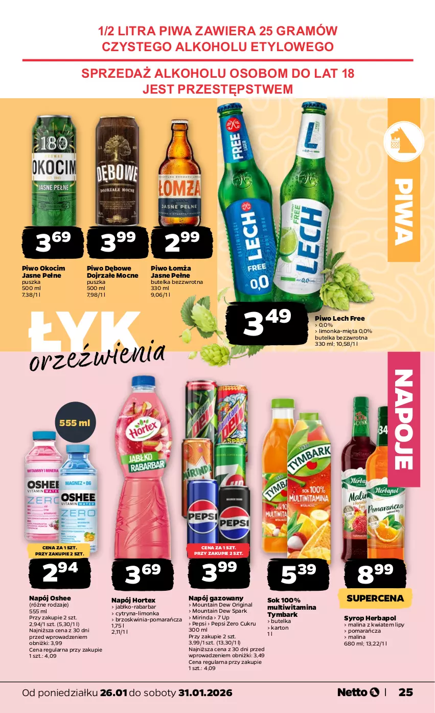 Gazetka promocyjna Netto - Od Poniedziałku - ważna 26.01 do 31.01.2026 - strona 25 - produkty: Gin, Gra, Herbapol, Hortex, Koc, Limonka, Mięta, Mirinda, Napój, Napój gazowany, Napoje, Okocim, Oshee, Pepsi, Piwa, Piwo, Sok, Syrop, Tymbark