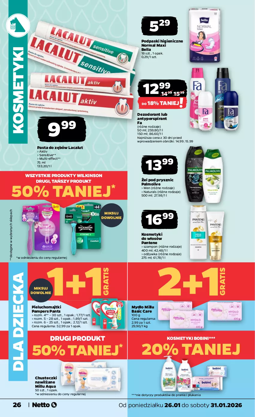 Gazetka promocyjna Netto - Od Poniedziałku - ważna 26.01 do 31.01.2026 - strona 26 - produkty: Antyperspirant, Bell, Bella, Chusteczki, Dezodorant, Fa, Gra, Lacalut, Majtki, Mydło, Odżywka, Palmolive, Pampers, Pantene, Pasta do zębów, Pieluchomajtki, Podpaski, Szampon