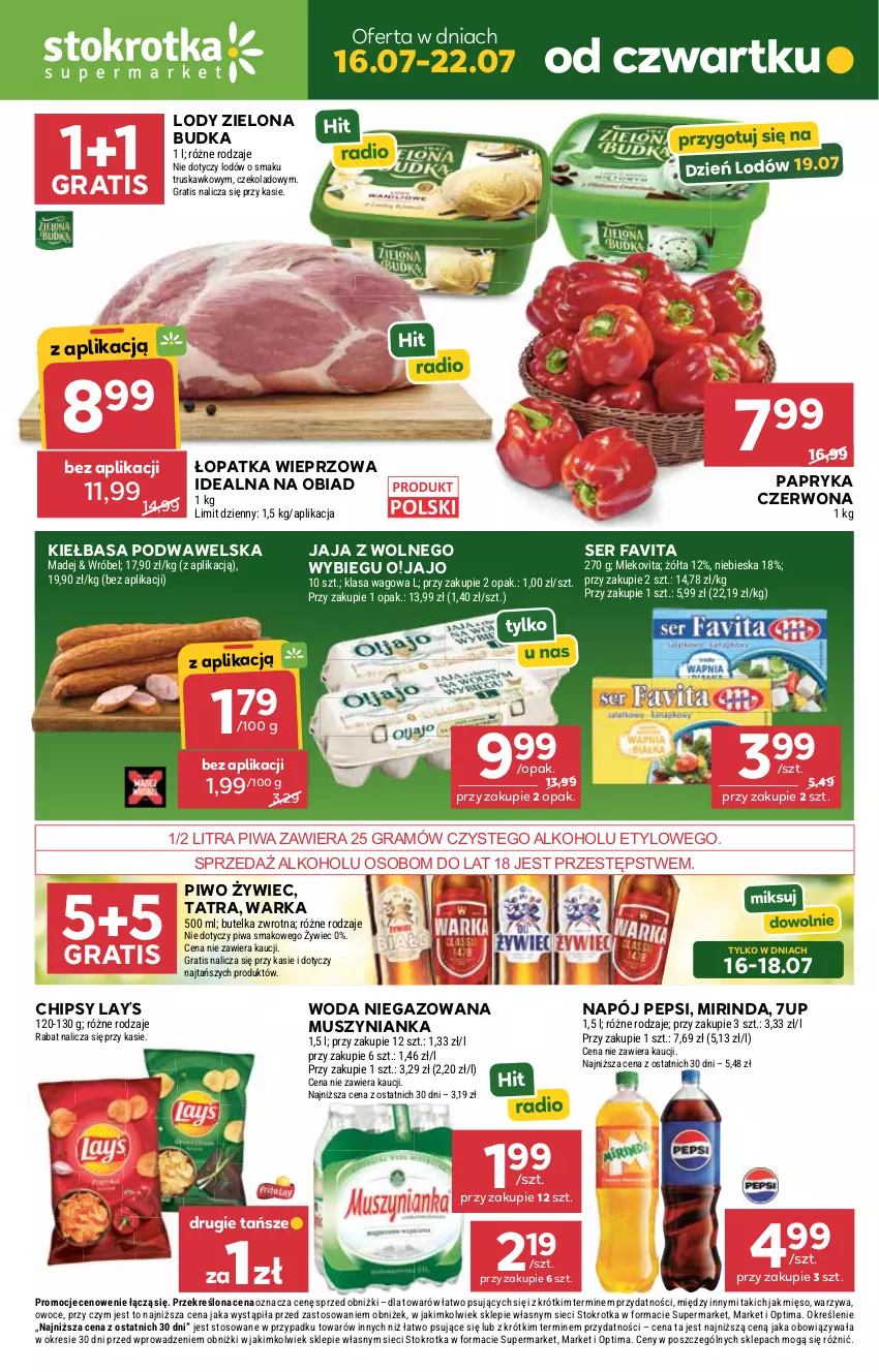 Gazetka promocyjna Stokrotka - Supermarket - ważna 16.07 do 22.07.2026 - strona 1 - produkty: 7up, Chipsy, Fa, Favita, Gra, Jaja, Jaja z wolnego wybiegu, Kiełbasa, Kiełbasa podwawelska, Lay’s, Lody, Mięso, Mirinda, Mleko, Mlekovita, Mus, Muszynianka, Napój, Optima, Owoce, Papryka, Papryka czerwona, Pepsi, Piwa, Piwo, Ser, Tatra, Warka, Warzywa, Wawel, Woda, Woda niegazowana, Zielona Budka