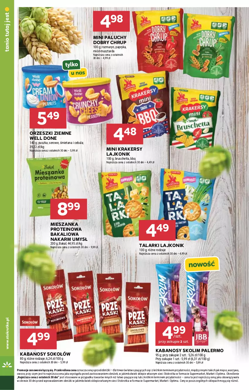 Gazetka promocyjna Stokrotka - Supermarket - ważna 16.07 do 22.07.2026 - strona 32 - produkty: Cebula, Kabanos, Krakersy, Lajkonik, Mięso, Miód, Mus, Musztarda, Optima, Orzeszki, Orzeszki ziemne, Owoce, Papryka, Ser, Sok, Sokołów, Warzywa