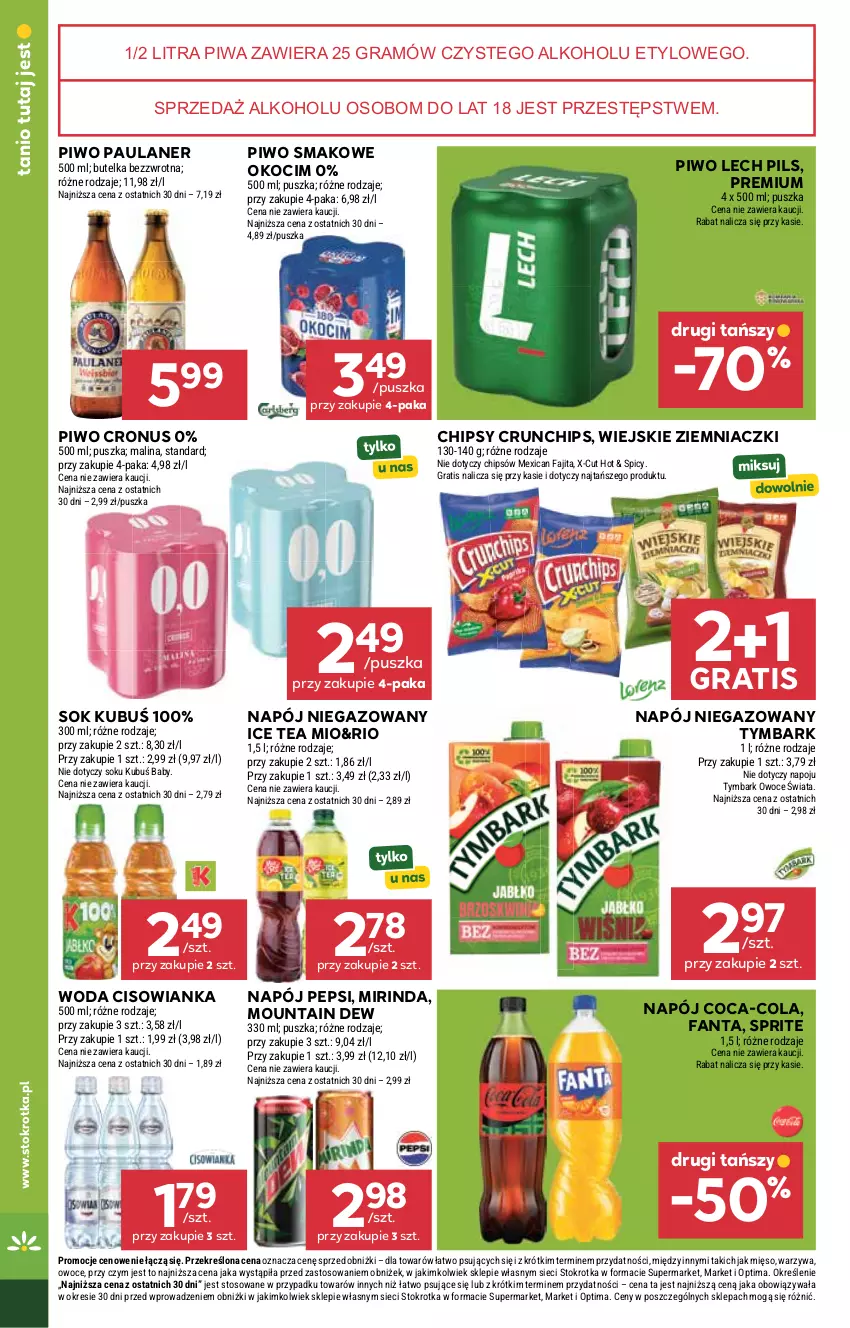 Gazetka promocyjna Stokrotka - Supermarket - ważna 16.07 do 22.07.2026 - strona 36 - produkty: Chipsy, Cisowianka, Coca-Cola, Crunchips, Fa, Fanta, Gra, Ice tea, Koc, Kubuś, Mięso, Mirinda, Napój, Napój niegazowany, Okocim, Optima, Owoce, Pepsi, Piwa, Piwo, Sok, Sprite, Tymbark, Warzywa, Woda