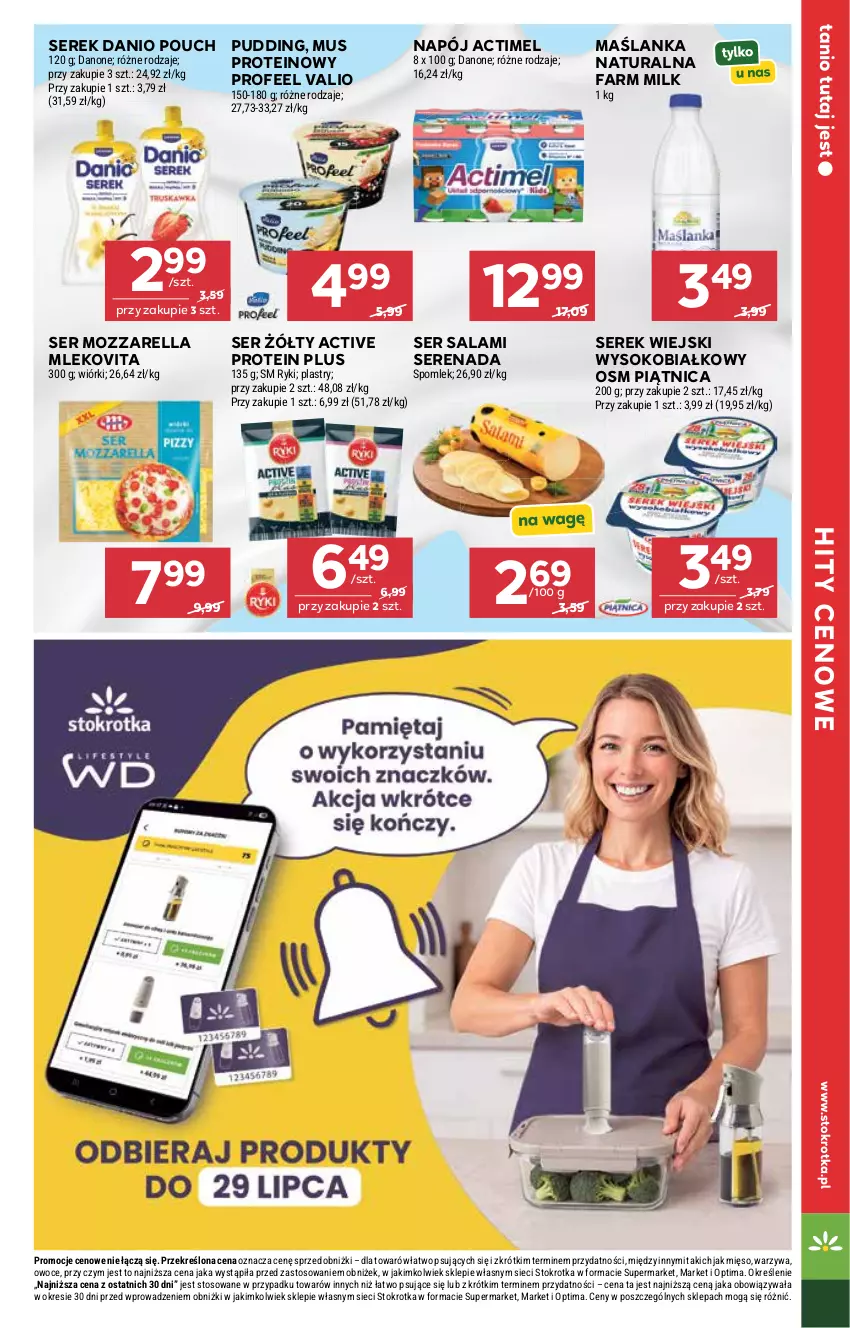 Gazetka promocyjna Stokrotka - Supermarket - ważna 16.07 do 22.07.2026 - strona 9 - produkty: Actimel, Danio, Danone, Fa, Farm Milk, Maślanka, Mięso, Mleko, Mlekovita, Mozzarella, Mus, Napój, Optima, Owoce, Piątnica, Pudding, Salami, Ser, Ser salami, Serek, Serek wiejski, Sok, Warzywa