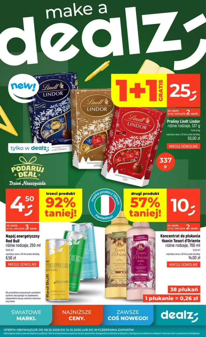 Gazetka promocyjna Dealz - NOWA GAZETKA - ważna 08.10 do 14.10.2026 - strona 1 - produkty: Lindor, Lindt, Napój, Napój energetyczny, Praliny, Red Bull, Ser