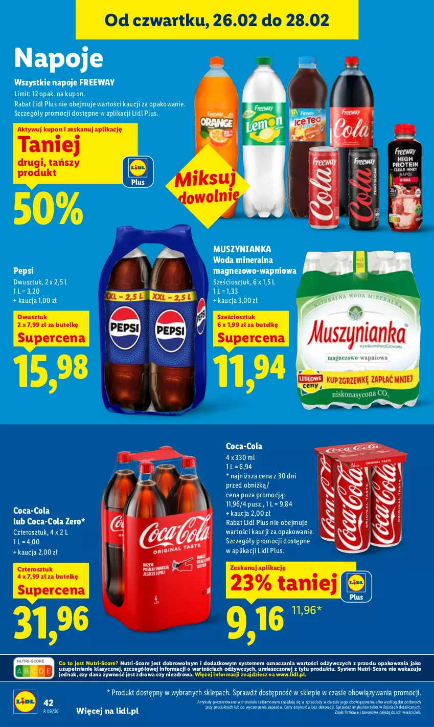 Gazetka promocyjna Lidl - Oferta ważna od 26.02 do 28.02 - ważna 26.02 do 28.02.2026 - strona 42 - produkty: Coca-Cola, Magnez, Mus, Muszynianka, Napoje, Pepsi, Woda, Woda mineralna