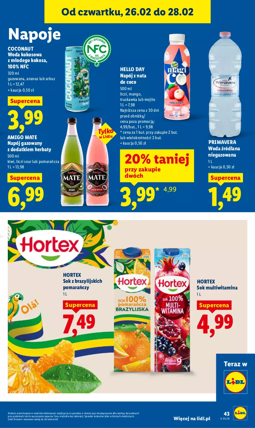 Gazetka promocyjna Lidl - Oferta ważna od 26.02 do 28.02 - ważna 26.02 do 28.02.2026 - strona 43 - produkty: Ananas, Arbuz, Hortex, Kiwi, Kokos, LANA, Liczi, Mango, Napój, Napój gazowany, Napoje, Prima, Primavera, Sok, Tera, Woda