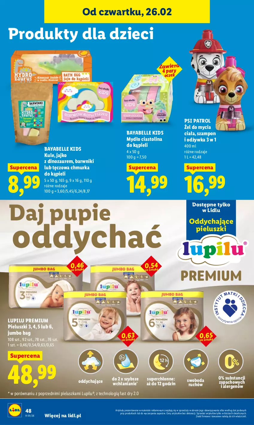 Gazetka promocyjna Lidl - Oferta ważna od 26.02 do 28.02 - ważna 26.02 do 28.02.2026 - strona 48 - produkty: Bell, Dinozaur, Dzieci, Fa, Mydło, O Bag, Odżywka, Por, Psi Patrol, Szampon