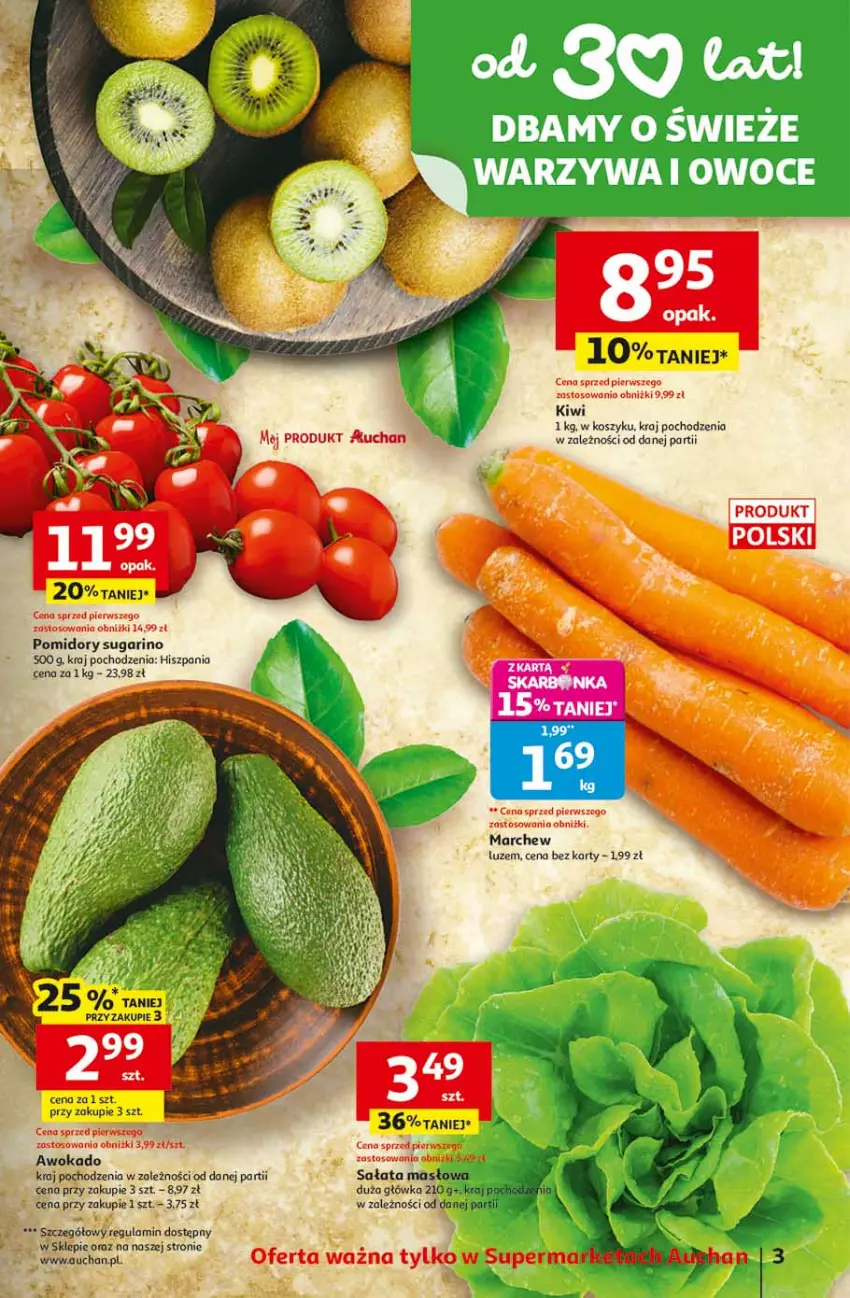 Gazetka promocyjna Auchan - 30 Lat Supermarket - ważna 22.01 do 28.01.2026 - strona 3 - produkty: Kiwi, Kosz, Masło, Pomidory, Sałat, Sałata masłowa