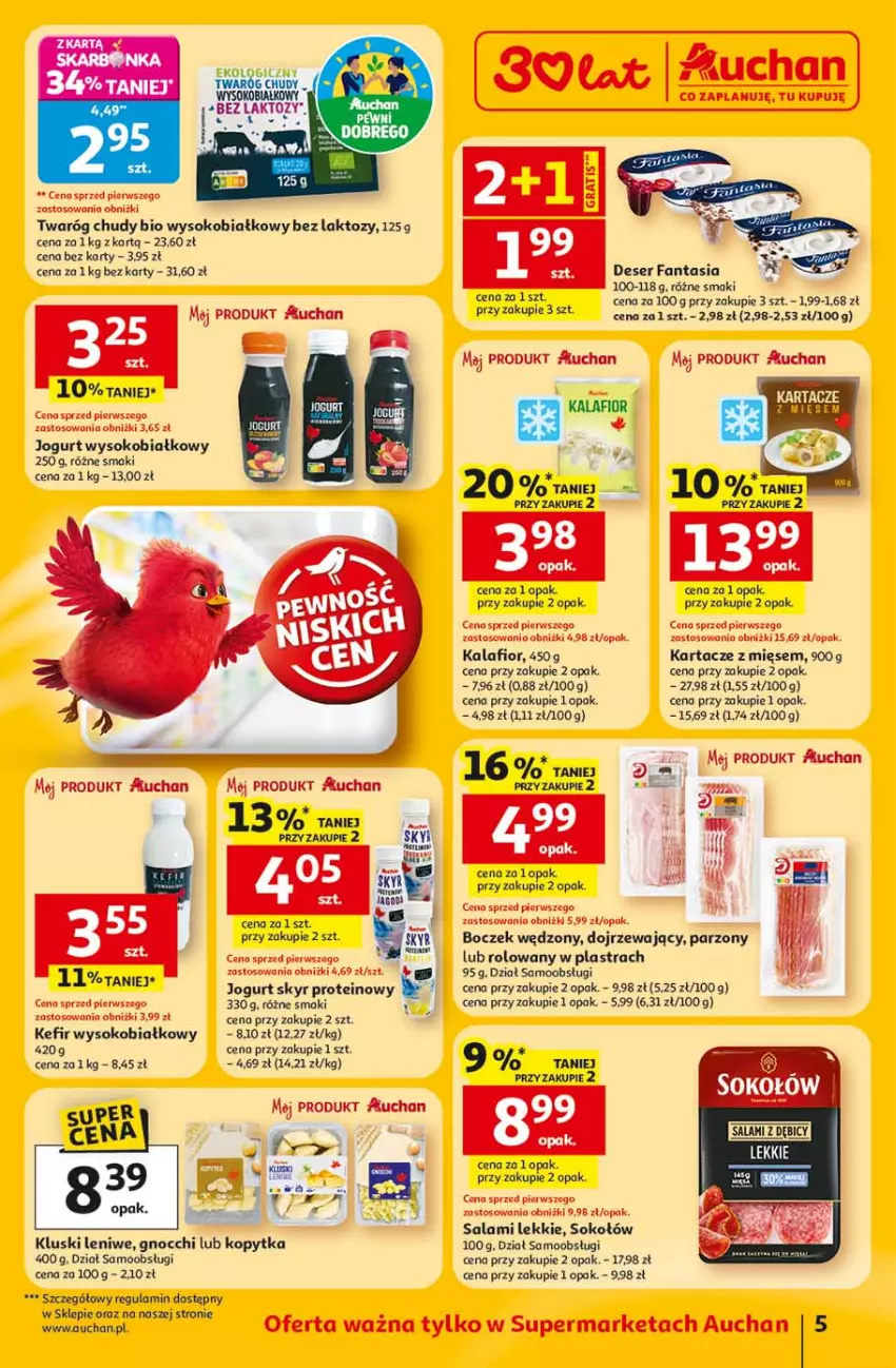 Gazetka promocyjna Auchan - 30 Lat Supermarket - ważna 22.01 do 28.01.2026 - strona 5 - produkty: Boczek, Deser, Fa, Fanta, Gnocchi, Jogurt, Kalafior, Kefir, Kopytka, Salami, Ser, Sok, Sokołów, Twaróg, Twaróg chudy
