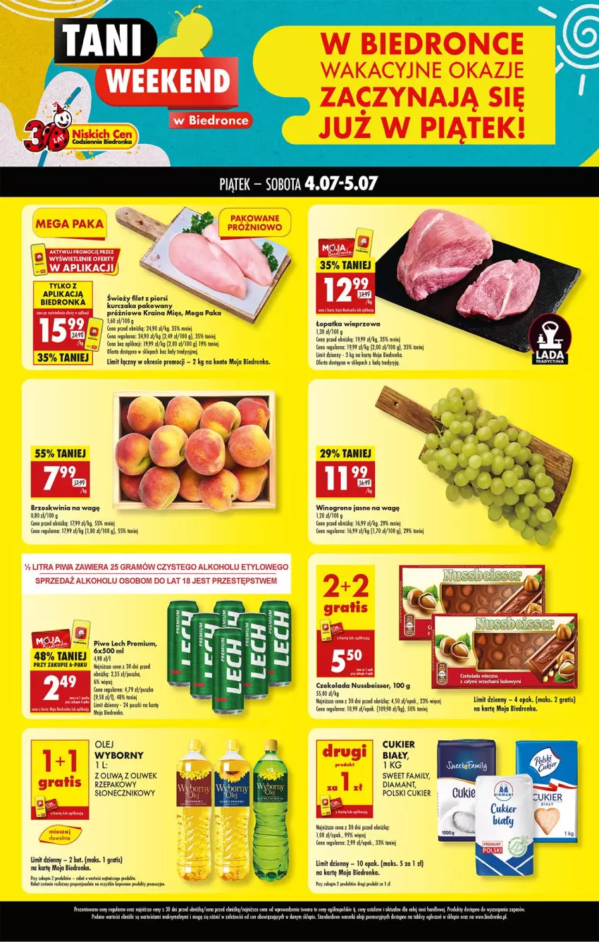 Gazetka promocyjna Biedronka - Tani Weekend - ważna 04.07 do 05.07.2025 - strona 1 - produkty: Cukier, Czekolada, Diamant, Fa, Gra, Kurczak, Lech Premium, Olej, Piwa, Piwo, Ser, Wino