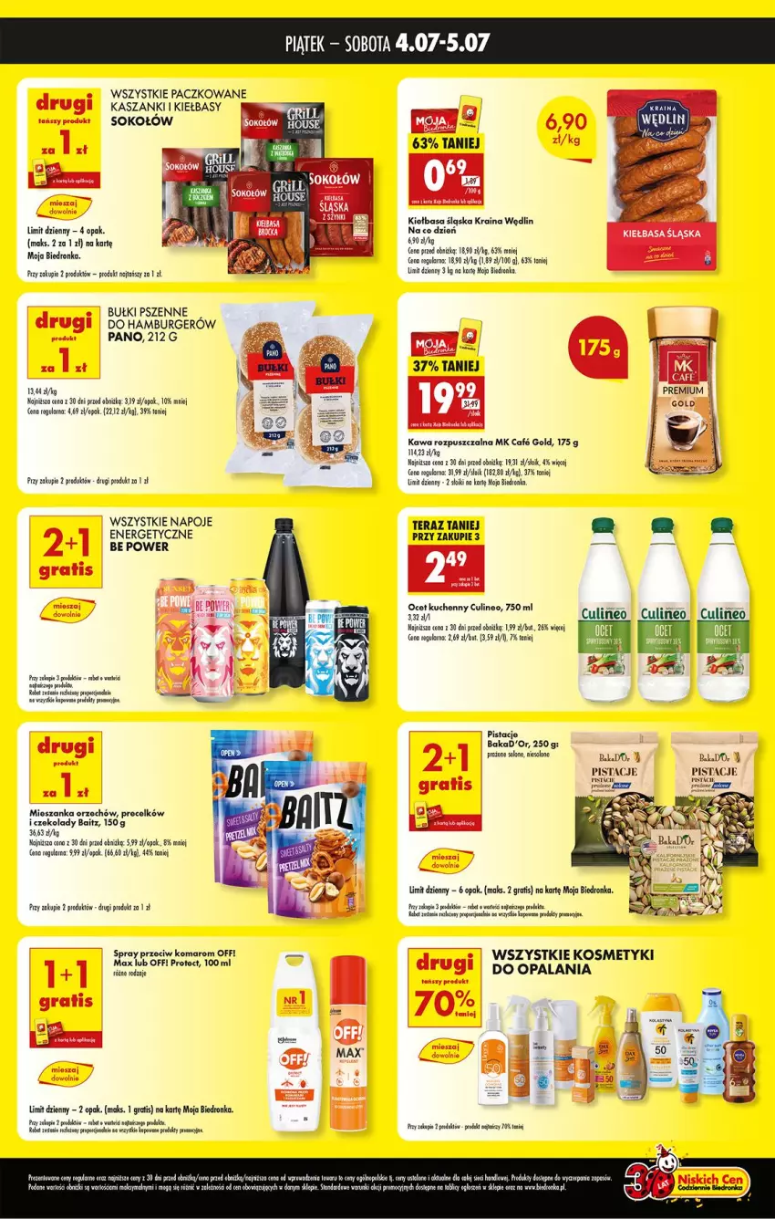 Gazetka promocyjna Biedronka - Tani Weekend - ważna 04.07 do 05.07.2025 - strona 2 - produkty: Burger, Fa, Gra, Hamburger, Kasza, Kawa, Kawa rozpuszczalna, Kiełbasa, Kiełbasa śląska, Leon, Napoje, Ocet, Pistacje, Por, Sok, Sokołów, Tera