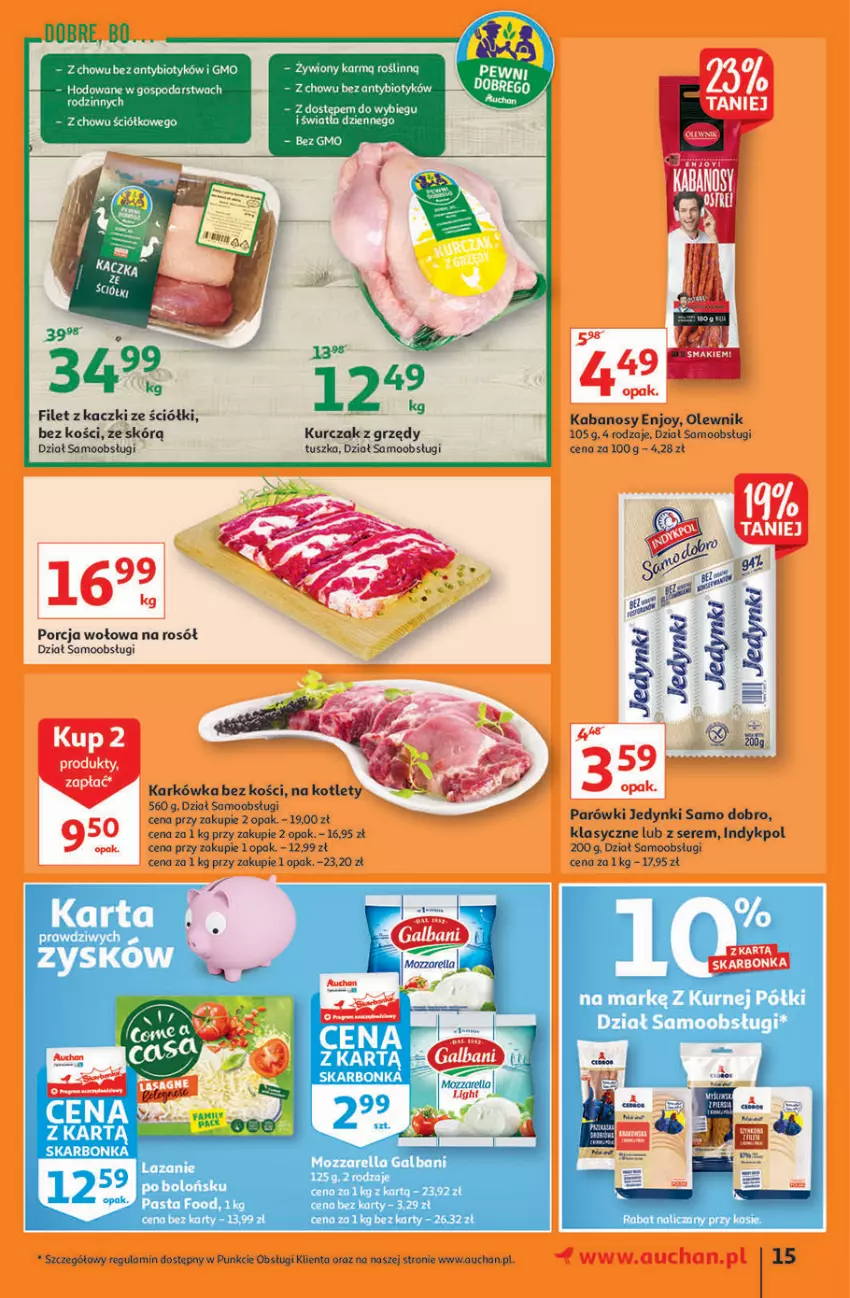 Gazetka promocyjna Auchan - Hiperoszczędzanie z markami Auchan Hipermarkety - ważna 30.09 do 06.10.2021 - strona 15 - produkty: Fa, Galbani, Kabanos, Kotlet, Kurczak, Mozzarella, Olewnik, Parówki, Por, Rosół, Ser, Tusz