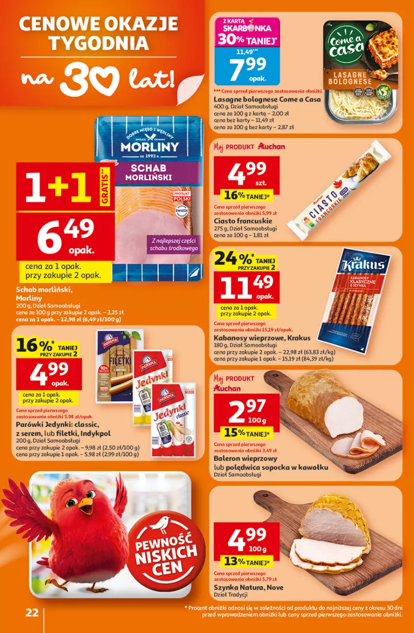 Gazetka promocyjna Auchan - 30 Lat Hipermarket - ważna 05.02 do 11.02.2026 - strona 22 - produkty: Ciasto francuskie, Kabanos, Kawa, Krakus, Lasagne, Lasagne bolognese, Morliny, Parówki, Polędwica, Ser, Szynka