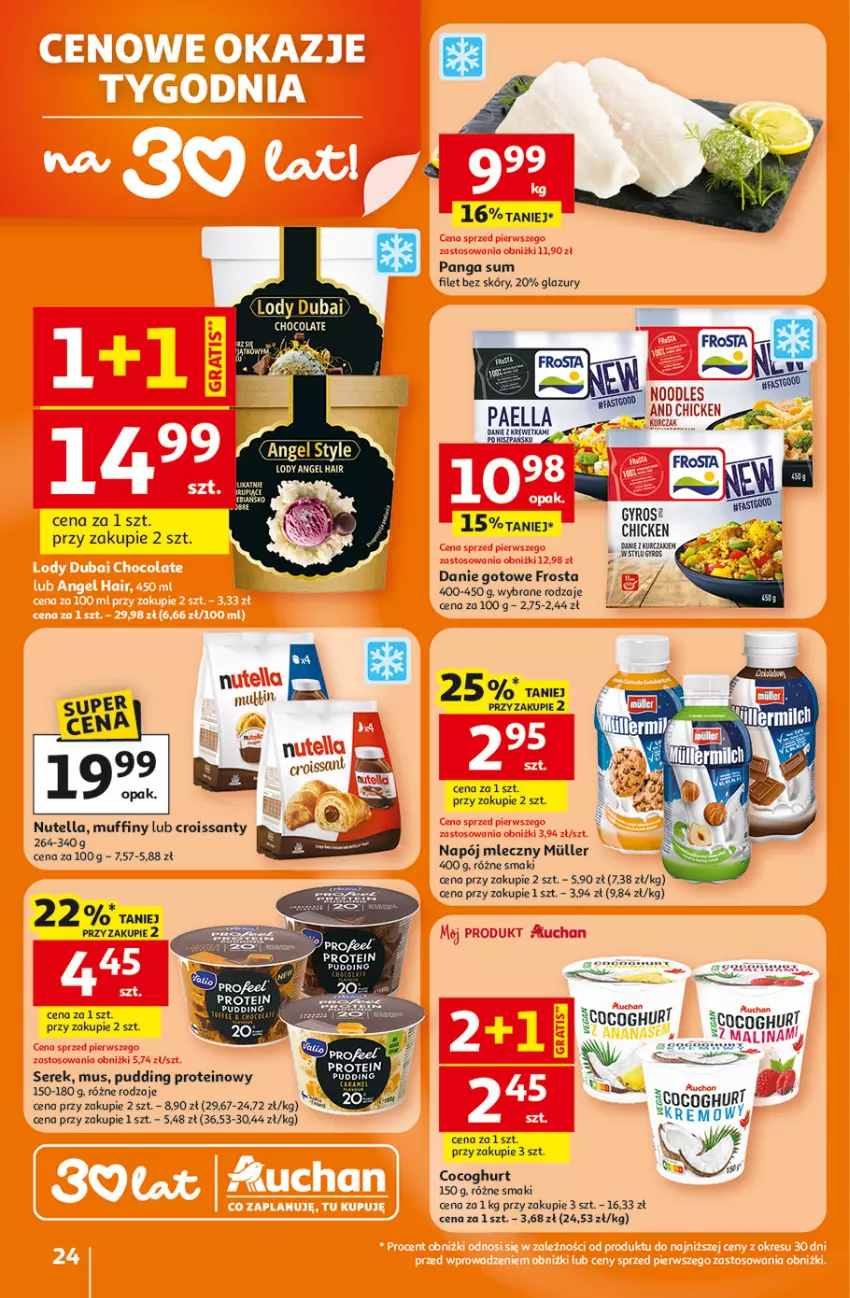Gazetka promocyjna Auchan - 30 Lat Hipermarket - ważna 05.02 do 11.02.2026 - strona 24 - produkty: Croissant, Danie gotowe, Frosta, Lazur, Lody, Muffiny, Mus, Napój, Napój mleczny, Nutella, Panga, Pudding, Ser, Serek