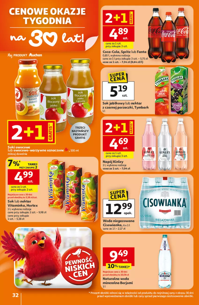 Gazetka promocyjna Auchan - 30 Lat Hipermarket - ważna 05.02 do 11.02.2026 - strona 32 - produkty: Cisowianka, Coca-Cola, Fa, Fanta, Hortex, Inka, Napój, Nektar, Por, Sok, Sok jabłkowy, Sprite, Tymbark, Woda, Woda niegazowana