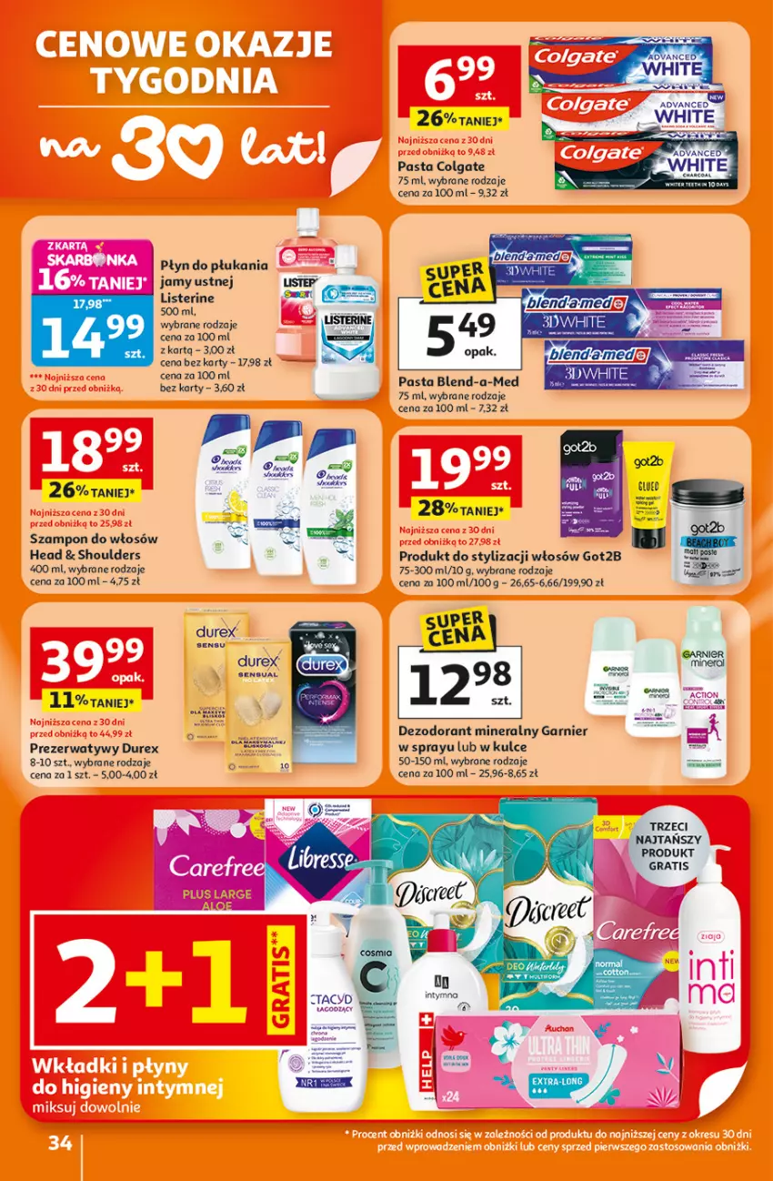 Gazetka promocyjna Auchan - 30 Lat Hipermarket - ważna 05.02 do 11.02.2026 - strona 34 - produkty: Blend-a-Med, Colgate, Dezodorant, Durex, Garnier, Got2b, Gra, LG, Listerine, Płyn do płukania, Prezerwatyw, Szampon