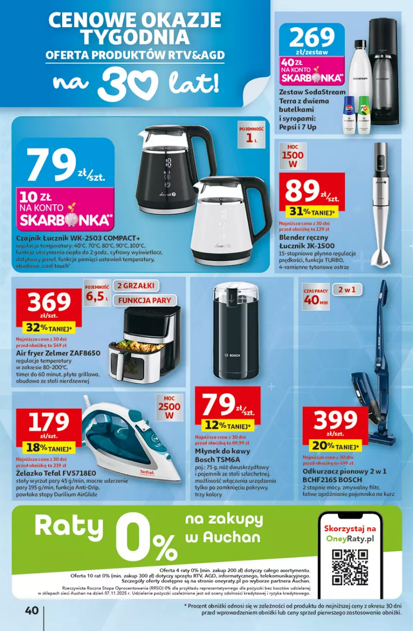 Gazetka promocyjna Auchan - 30 Lat Hipermarket - ważna 05.02 do 11.02.2026 - strona 40 - produkty: Blender, Blender ręczny, Bosch, Czajnik, Fa, Grill, Kosz, Młynek, Młynek do kawy, Odkurzacz, Pepsi, Płyta, Pojemnik, Syrop, Tefal, Top, Tytan, Zelmer