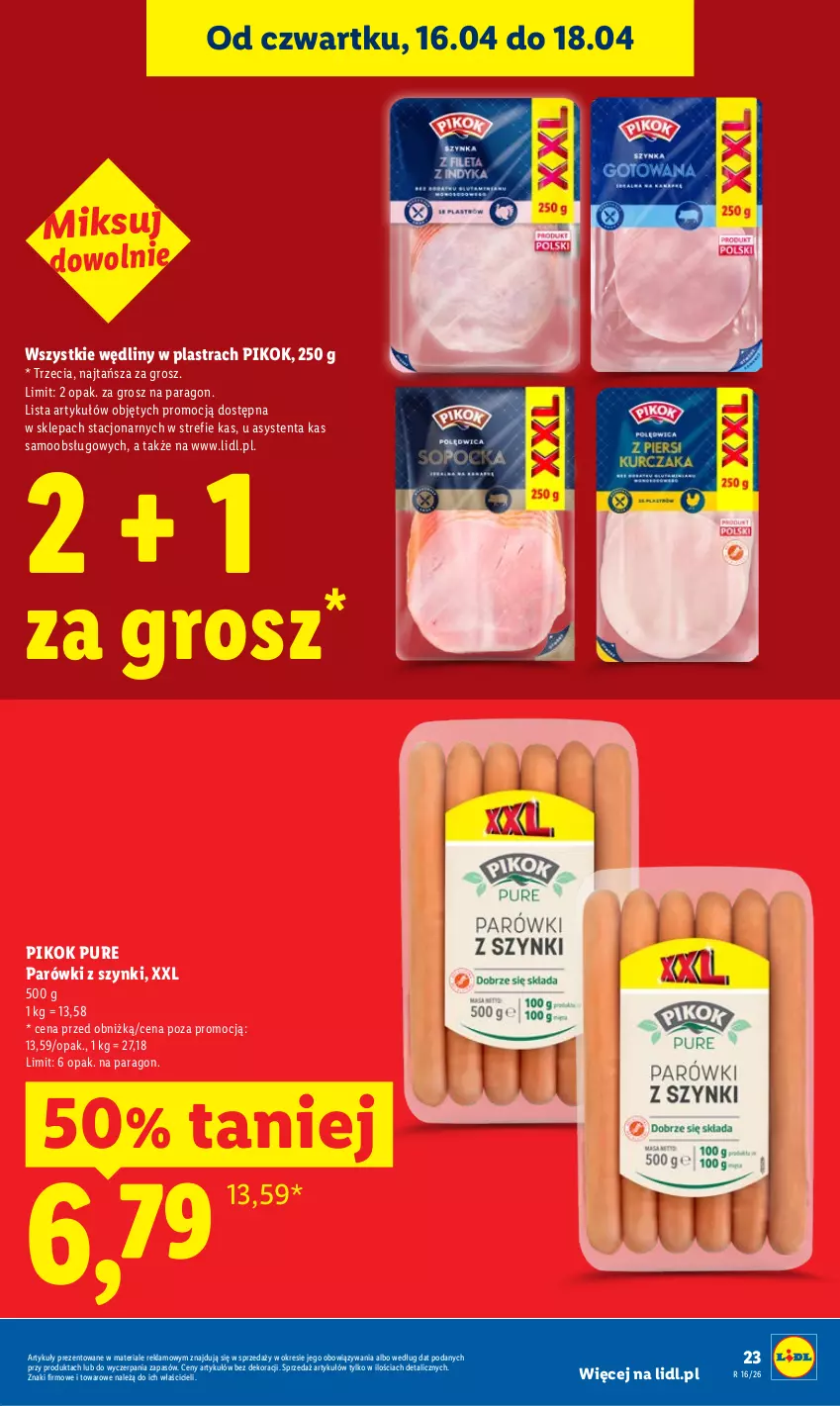 Gazetka promocyjna Lidl - Gazetka ważna od 16.04 do 18.04 - ważna 16.04 do 18.04.2026 - strona 23 - produkty: Parówki, Parówki z szynki, PIKOK, Pur