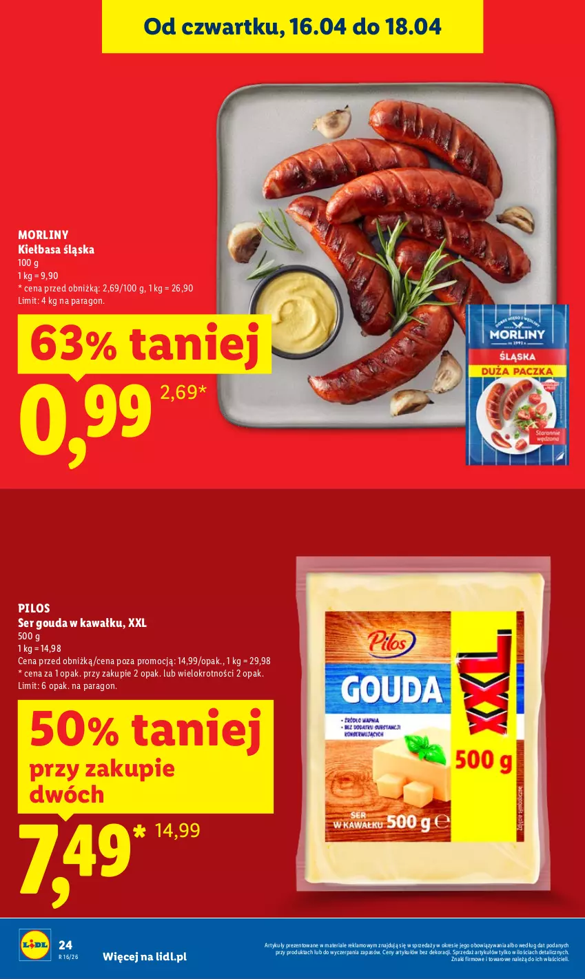 Gazetka promocyjna Lidl - Gazetka ważna od 16.04 do 18.04 - ważna 16.04 do 18.04.2026 - strona 24 - produkty: Gouda, Kawa, Kiełbasa, Kiełbasa śląska, Morliny, Pilos, Ser