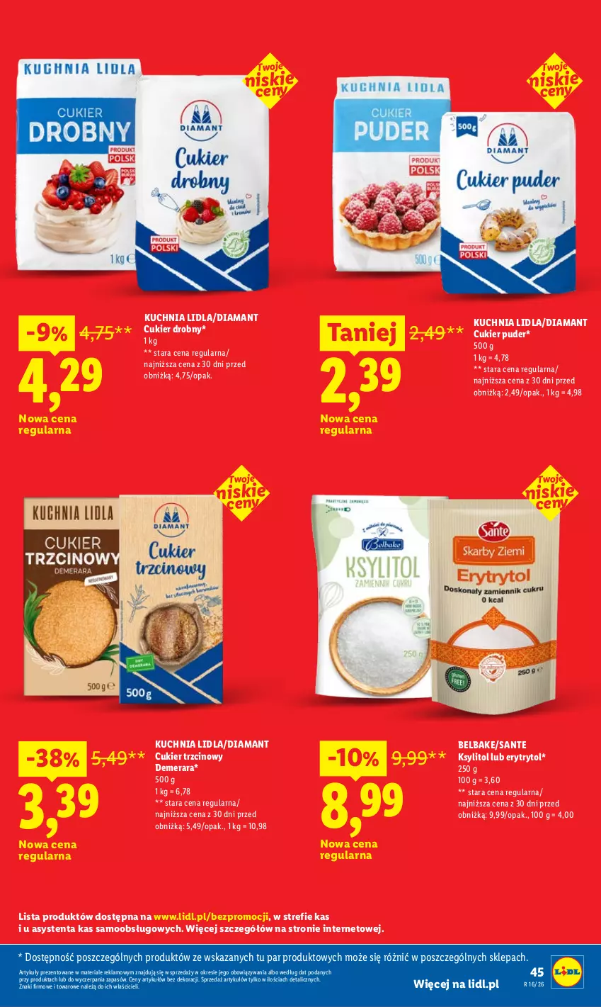 Gazetka promocyjna Lidl - Gazetka ważna od 16.04 do 18.04 - ważna 16.04 do 18.04.2026 - strona 45 - produkty: Cukier, Cukier puder, Cukier trzcinowy, Diamant, Ksylitol, Kuchnia, Puder, Sante