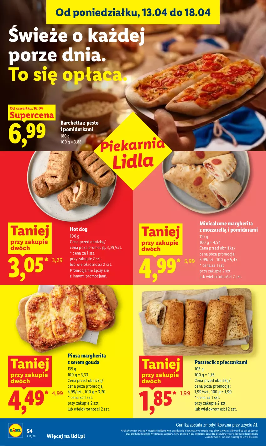 Gazetka promocyjna Lidl - Gazetka ważna od 16.04 do 18.04 - ważna 16.04 do 18.04.2026 - strona 54 - produkty: Gouda, Gra, Grafika, Hot dog, Orka, Pasztecik z pieczarkami, Pesto, Piec, Pieczarka, Por, Ser