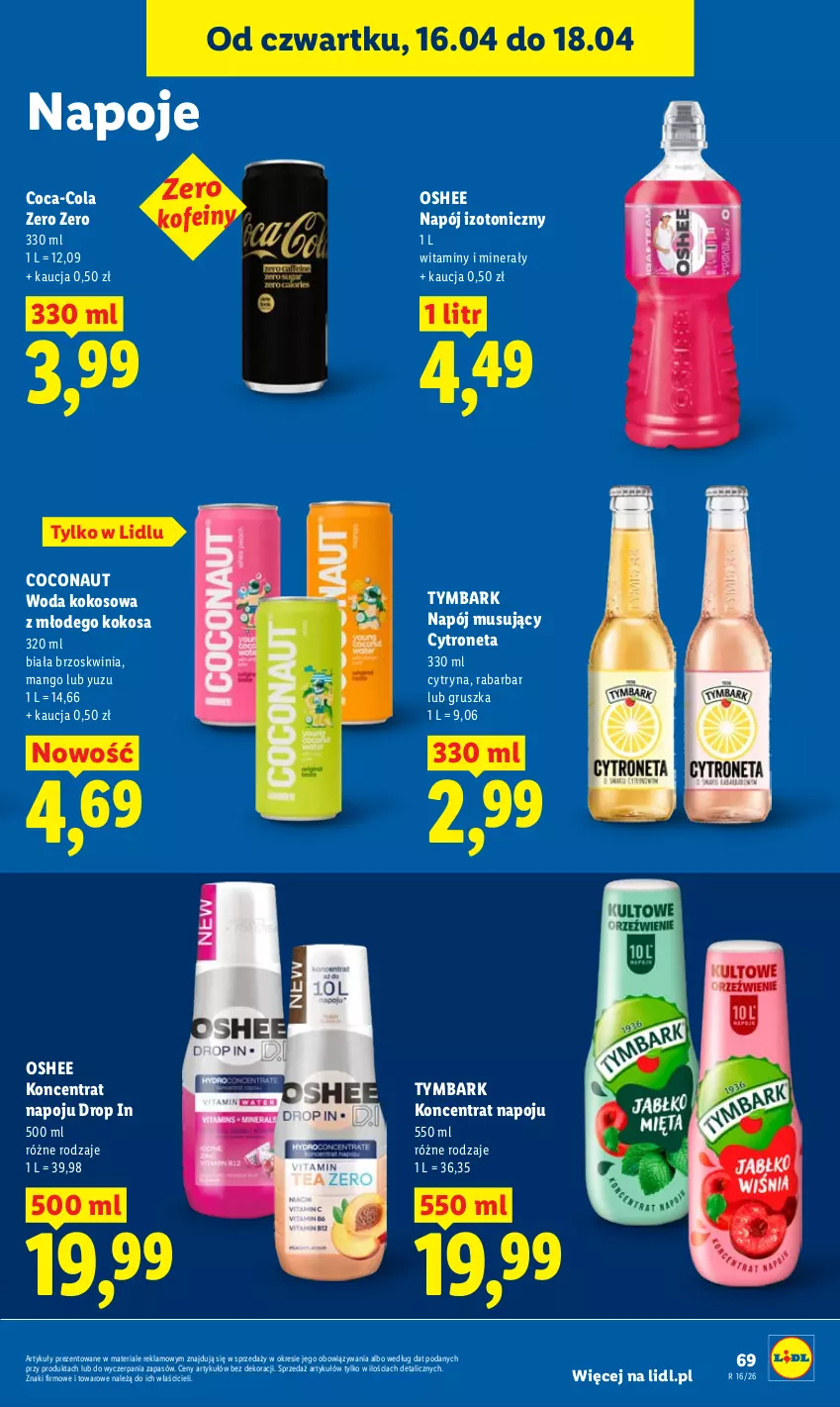 Gazetka promocyjna Lidl - Gazetka ważna od 16.04 do 18.04 - ważna 16.04 do 18.04.2026 - strona 69 - produkty: Coca-Cola, Kokos, Mango, Mus, Napój, Napój izotoniczny, Napój musujący, Napoje, Oshee, Tymbark, Woda