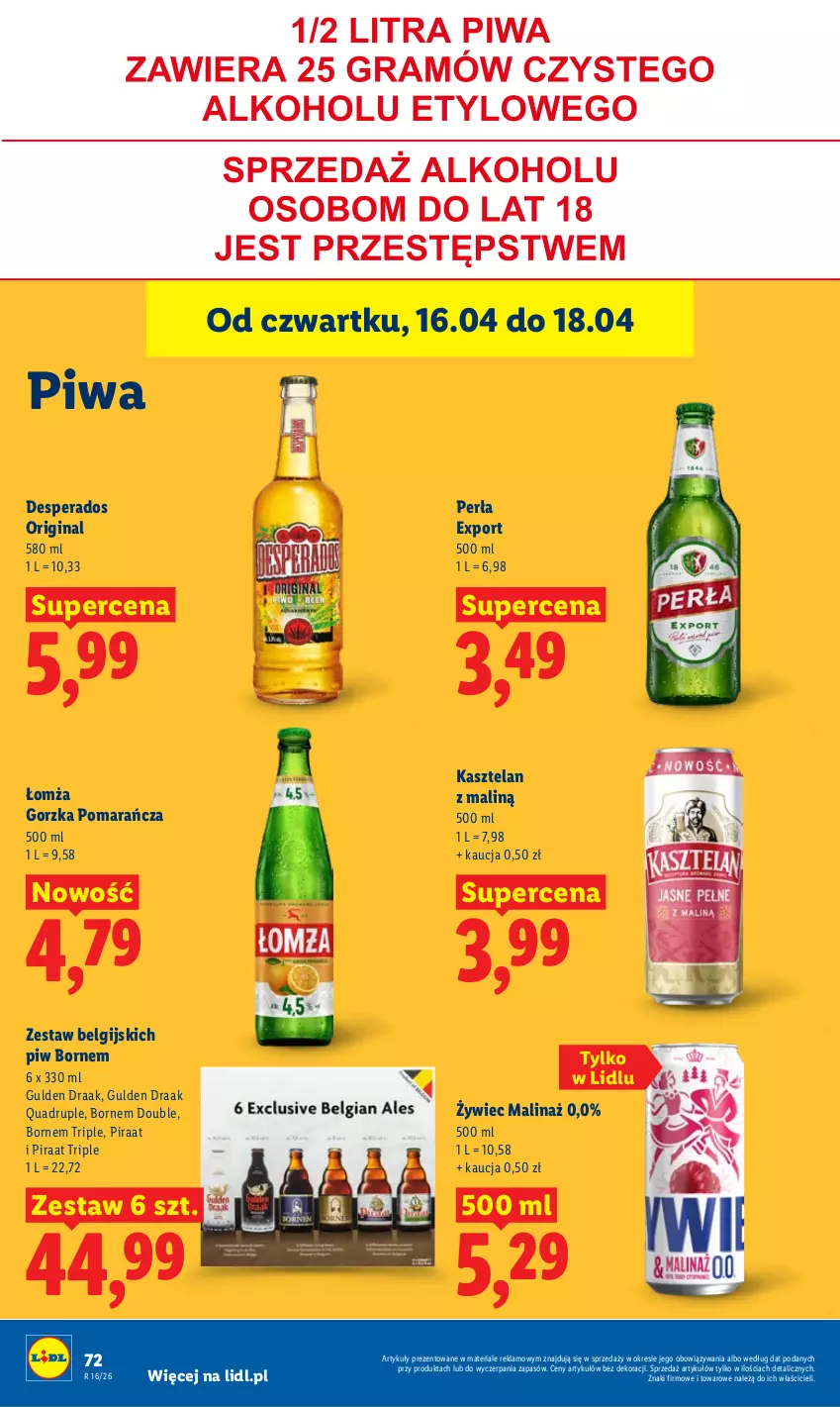 Gazetka promocyjna Lidl - Gazetka ważna od 16.04 do 18.04 - ważna 16.04 do 18.04.2026 - strona 72 - produkty: Desperados, Gin, Kasztelan, LG, Perła, Piwa, Por